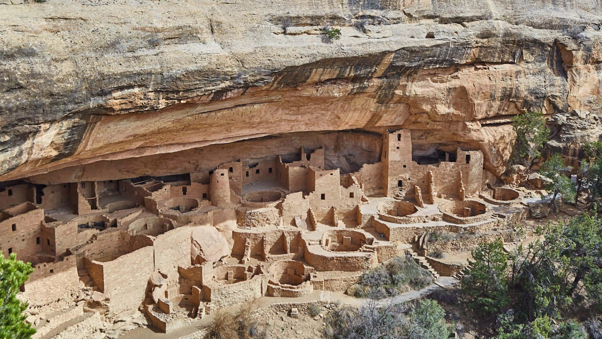 Mesa Verde National Park, cliff palace, sunlit sandstone cliffs, Full HD Desktop Wallpaper