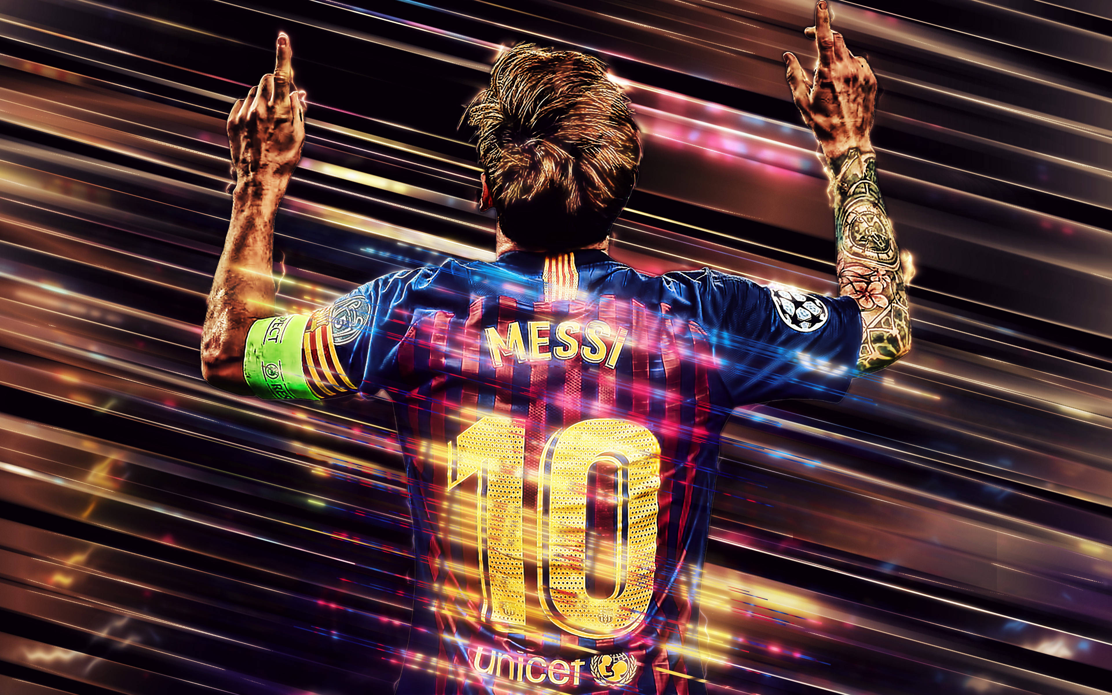 Messi 2020, blue striped jersey, glowing number 10, 4K Desktop Wallpaper