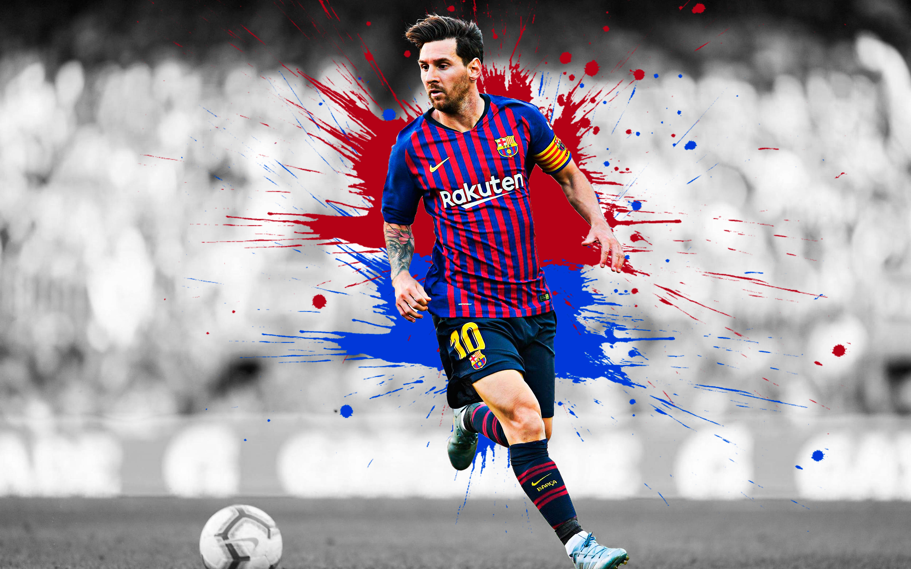 Messi 2020, red and blue striped jersey, paint splatters, 4K Desktop Wallpaper