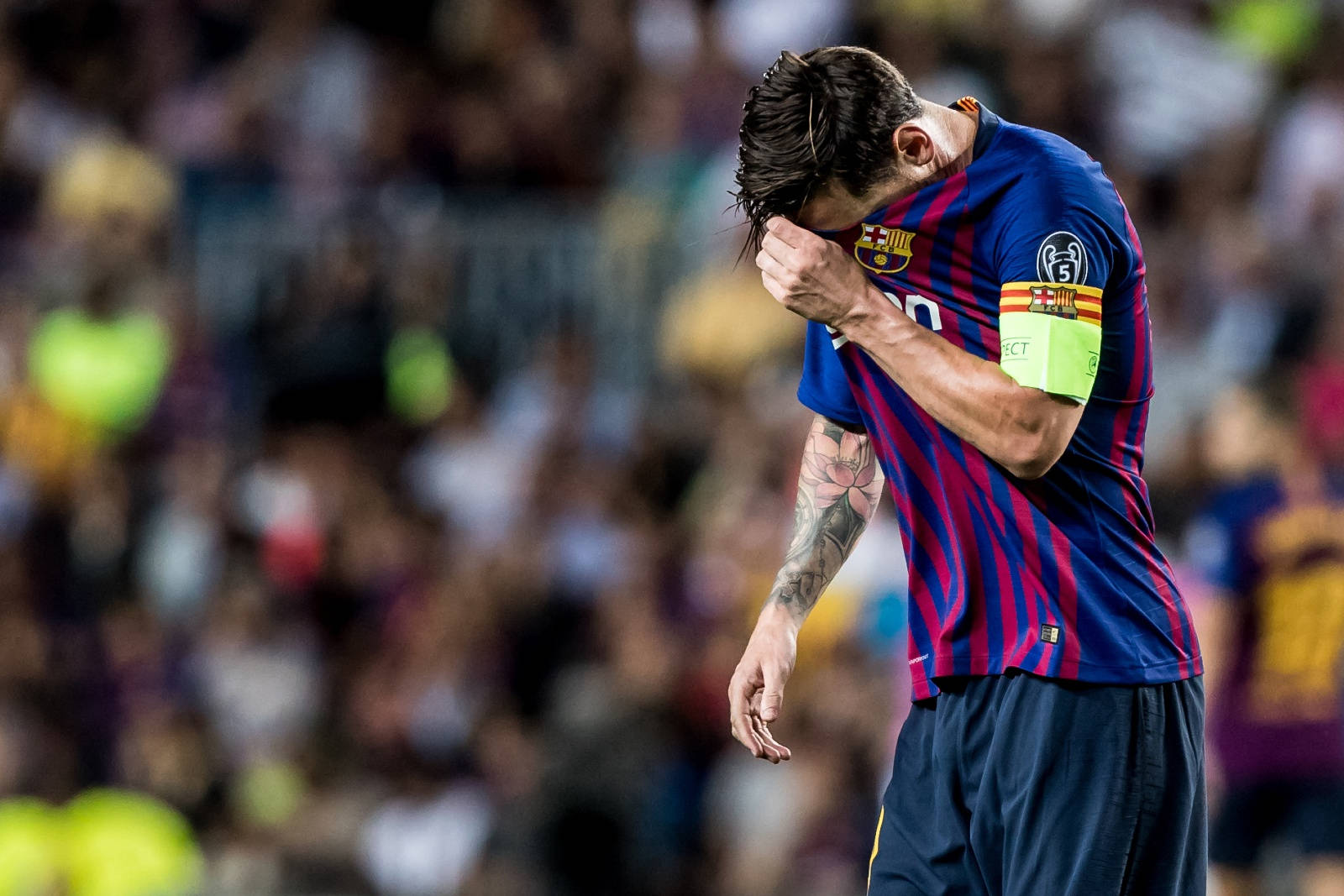 Messi 2021, blue and red striped jersey, stadium field, HD Desktop Wallpaper