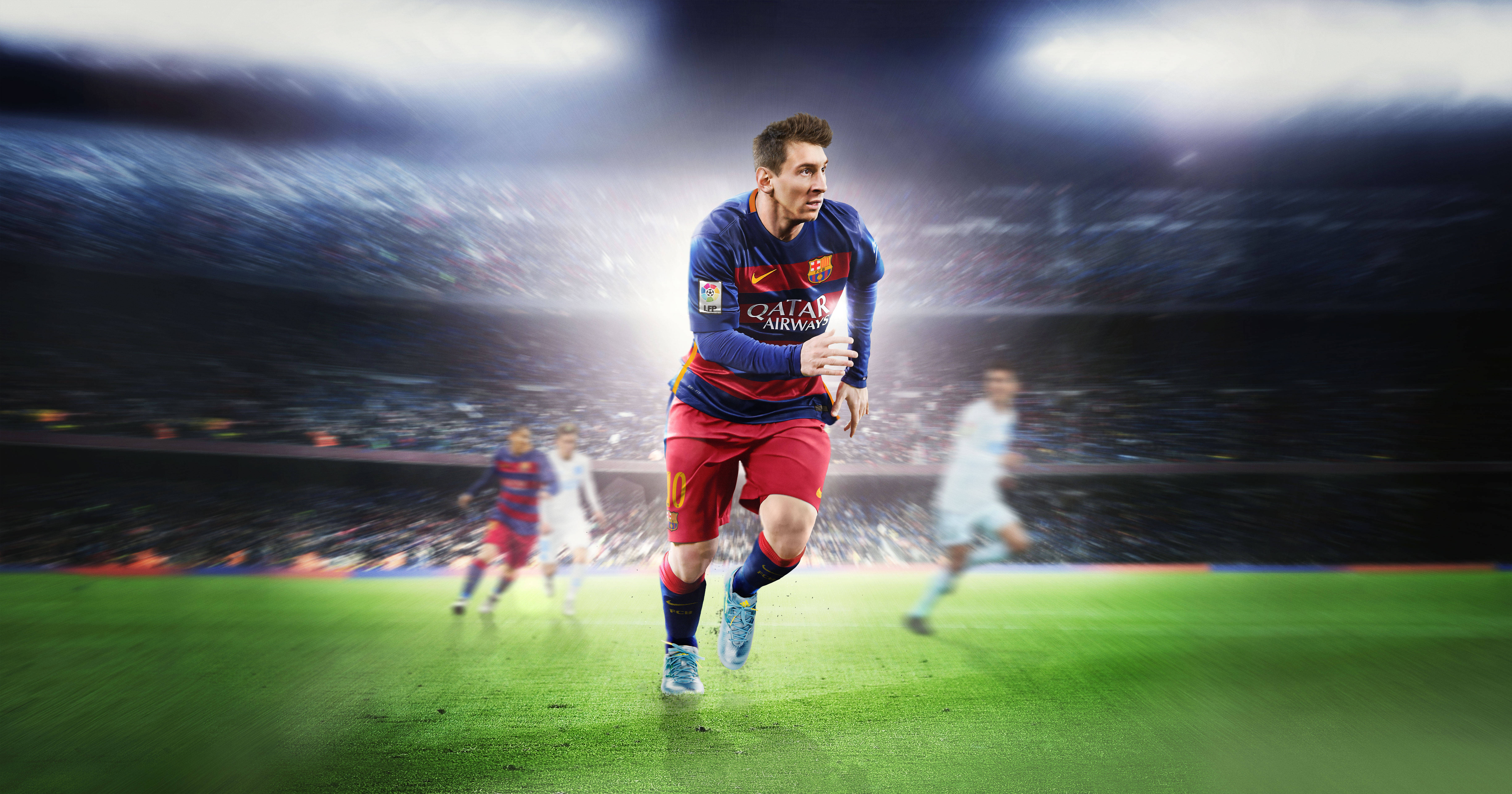 Messi, red and blue jersey, vibrant green pitch, 5K Desktop Wallpaper