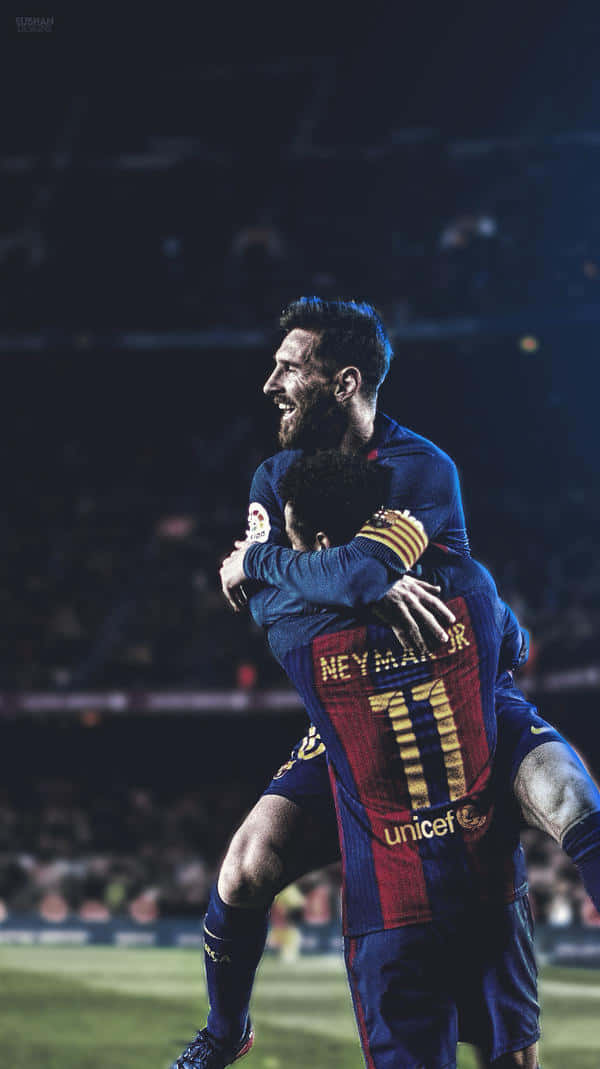 Messi And Neymar, blue and red striped jerseys, stadium field, SD Phone Wallpaper