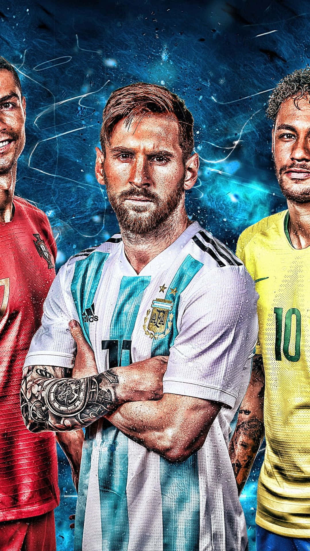 Messi And Neymar, electric blue cosmic background, national jerseys, Full HD Phone Wallpaper
