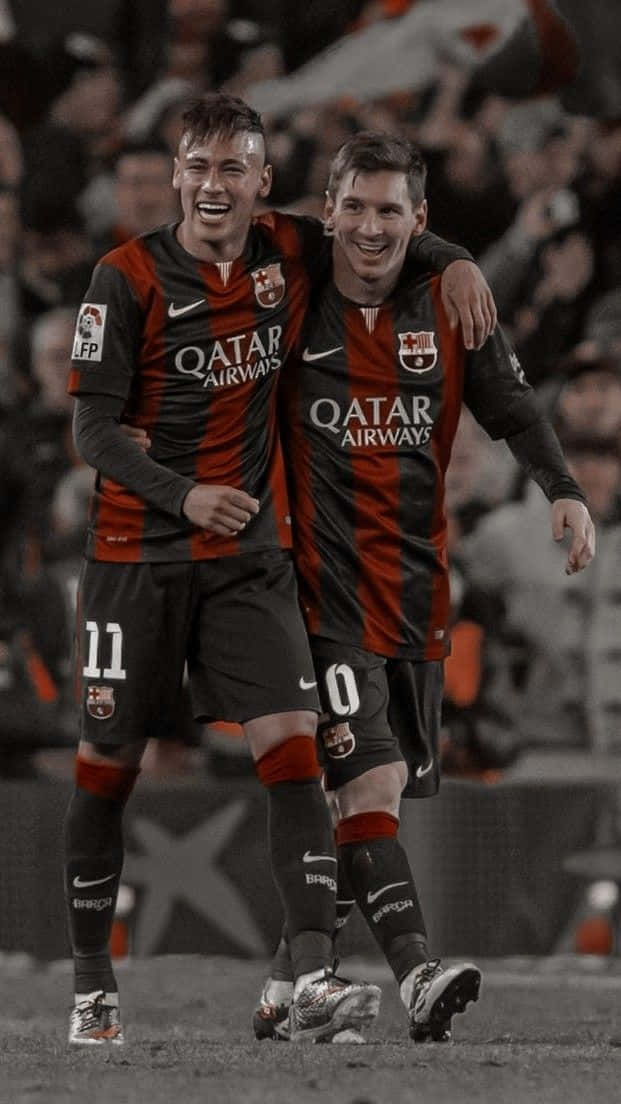 Messi and Neymar, red and black striped jerseys, stadium pitch, SD Phone Wallpaper