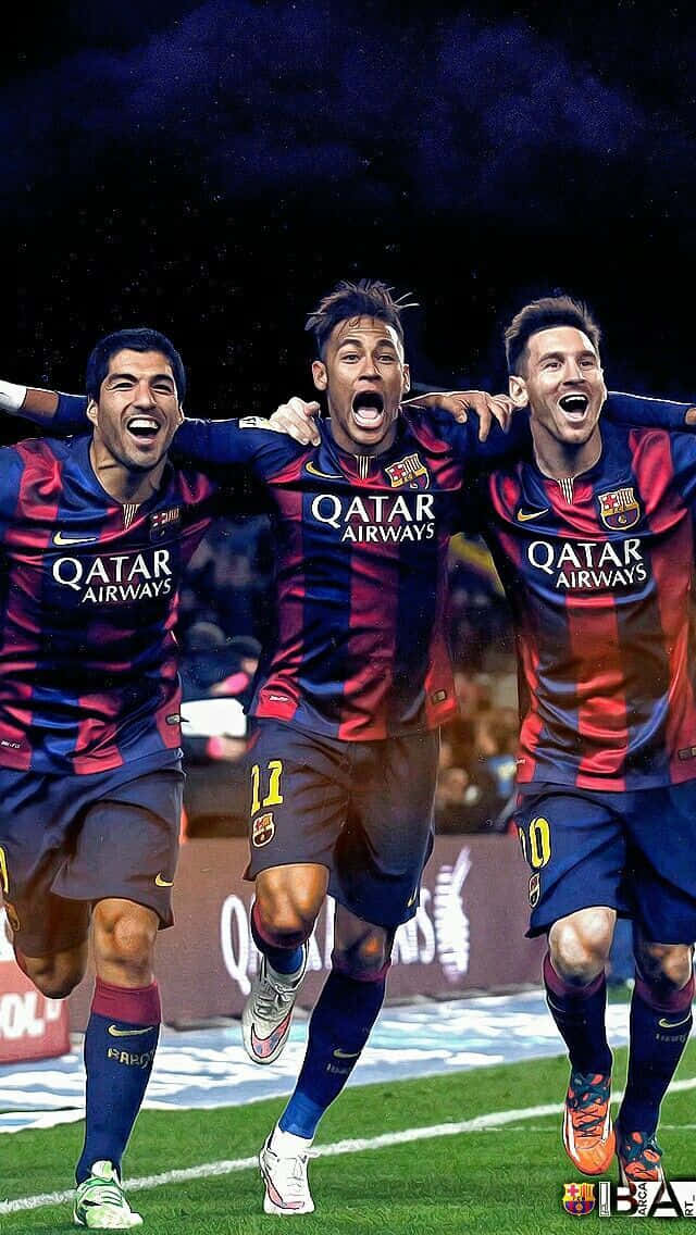Messi and Neymar, red and blue striped jerseys, vibrant green pitch, SD Phone Wallpaper
