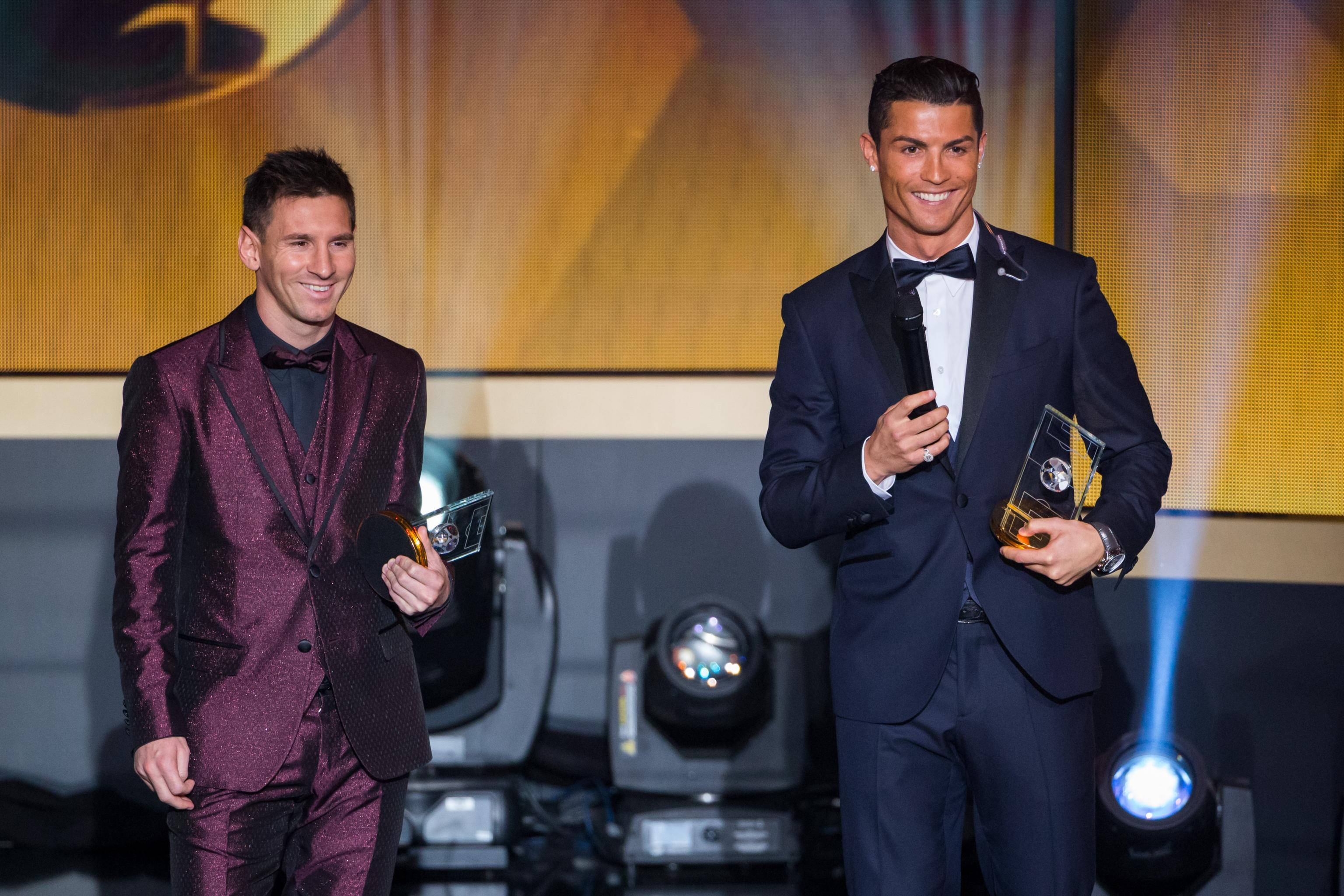 Messi And Ronaldo 4K, formal suits, lit stage, 2K Desktop Wallpaper