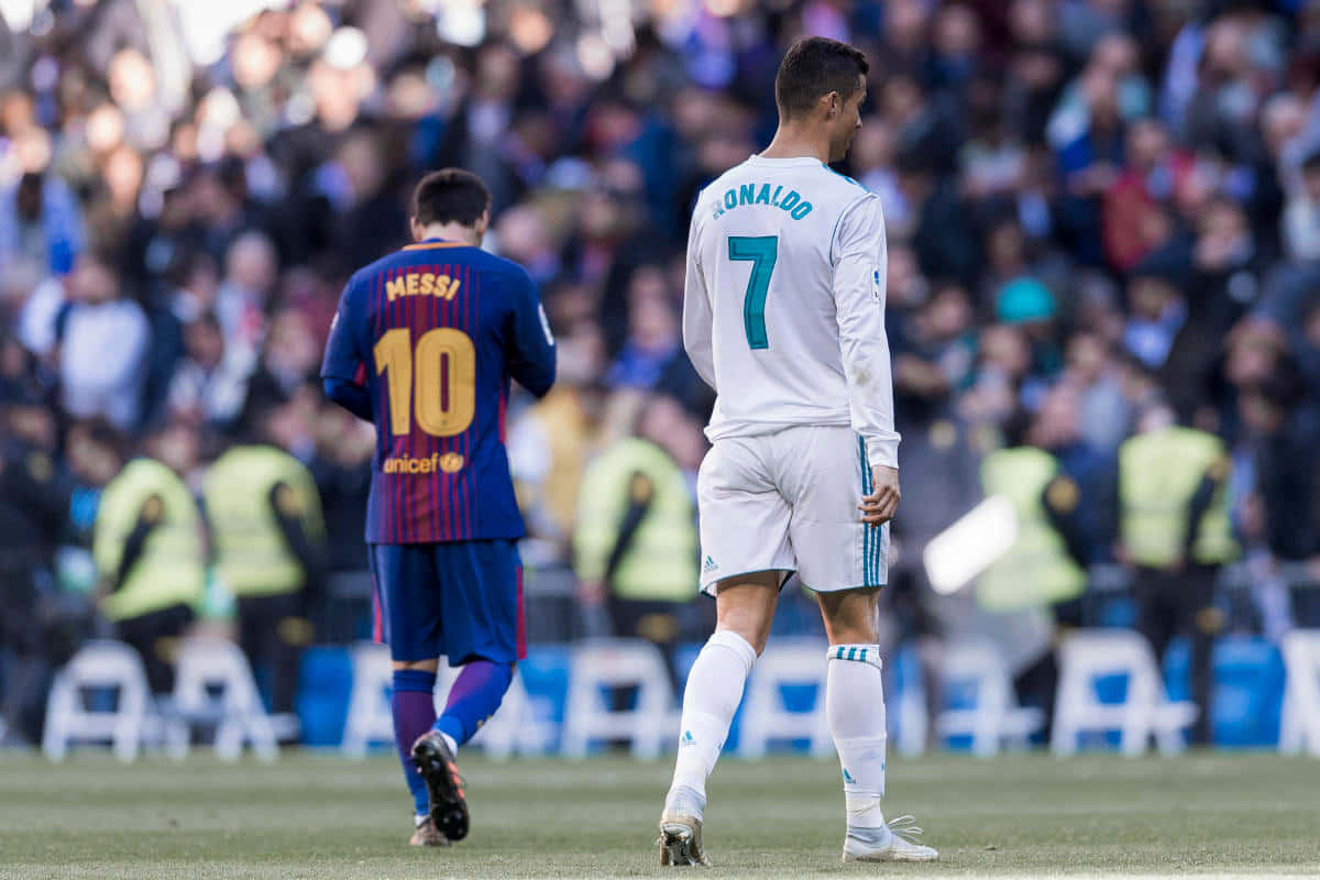 Messi And Ronaldo, stadium field, opposing team jerseys, SD Desktop Wallpaper