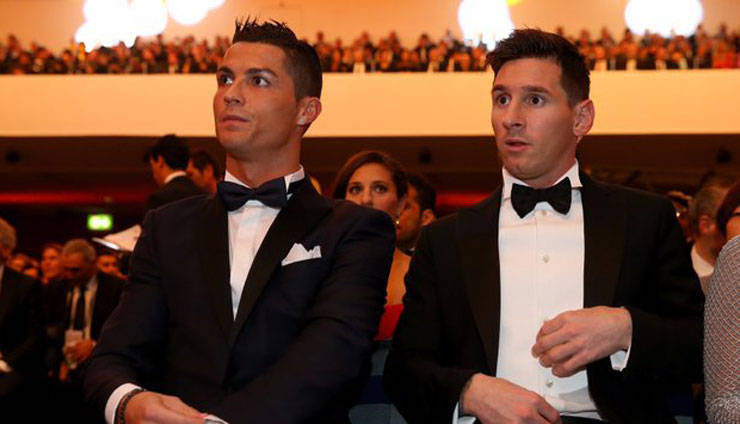 Messi And Ronaldo 4K, black tuxedos, bow ties, SD Desktop Wallpaper