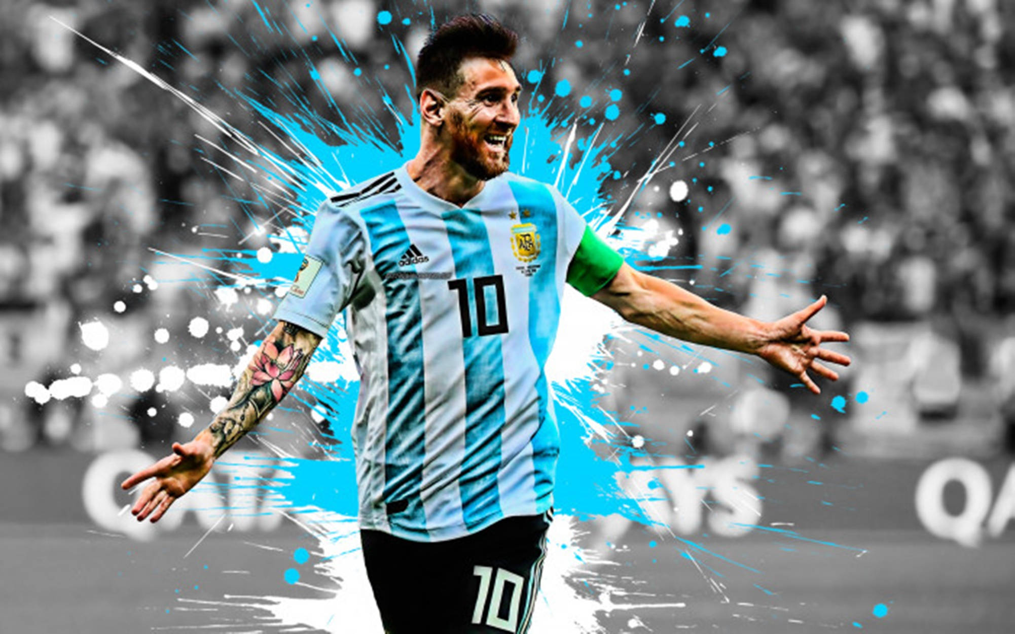 Messi Argentina, blue and white striped jersey, vibrant blue paint splatters, Full HD Desktop Wallpaper