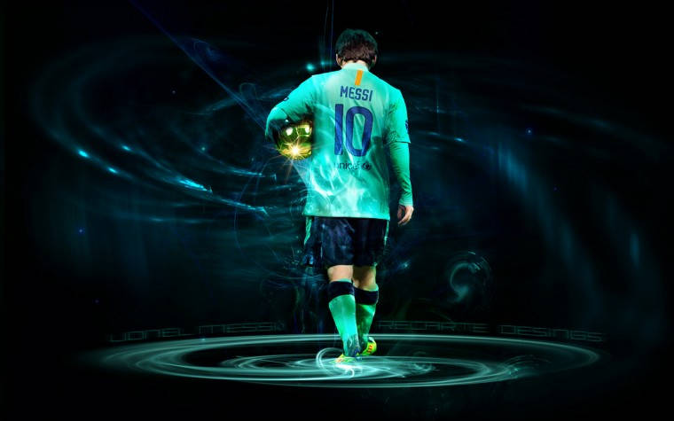 Messi, glowing green jersey, radiant ball, SD Desktop Wallpaper