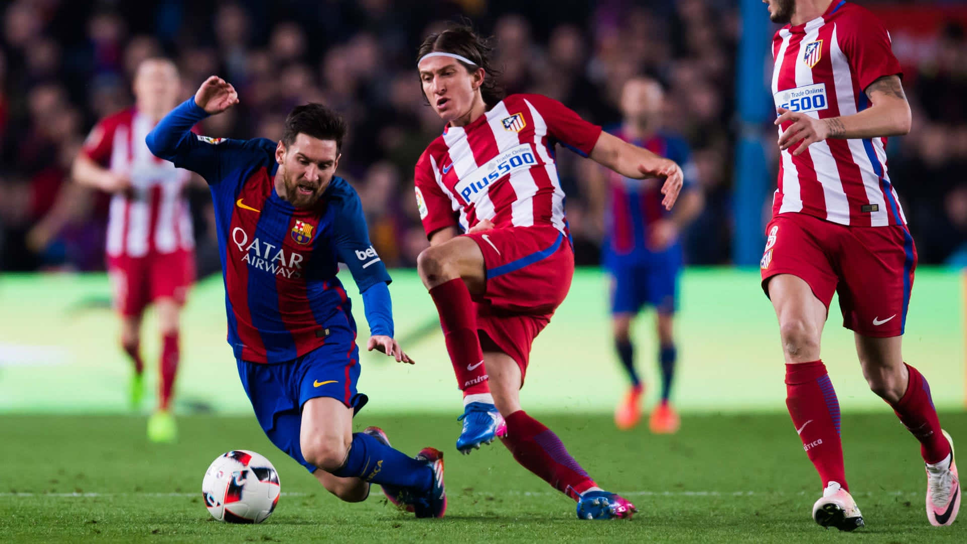 Messi, blue, red and white striped jerseys, Full HD Desktop Wallpaper