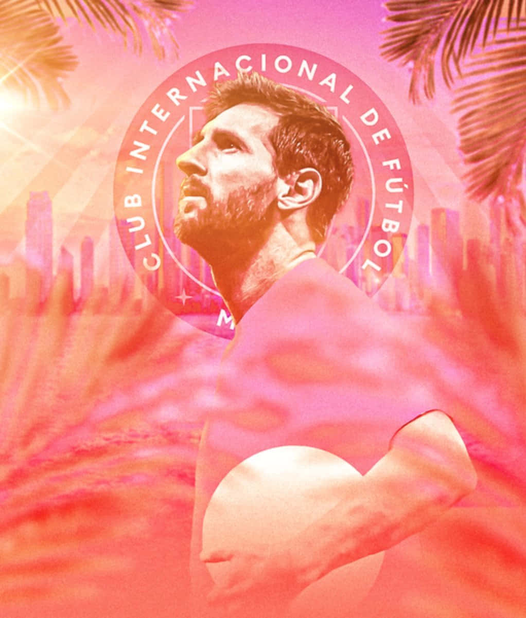 Messi Inter Miami, pink and orange gradient, palm fronds, SD Phone Wallpaper