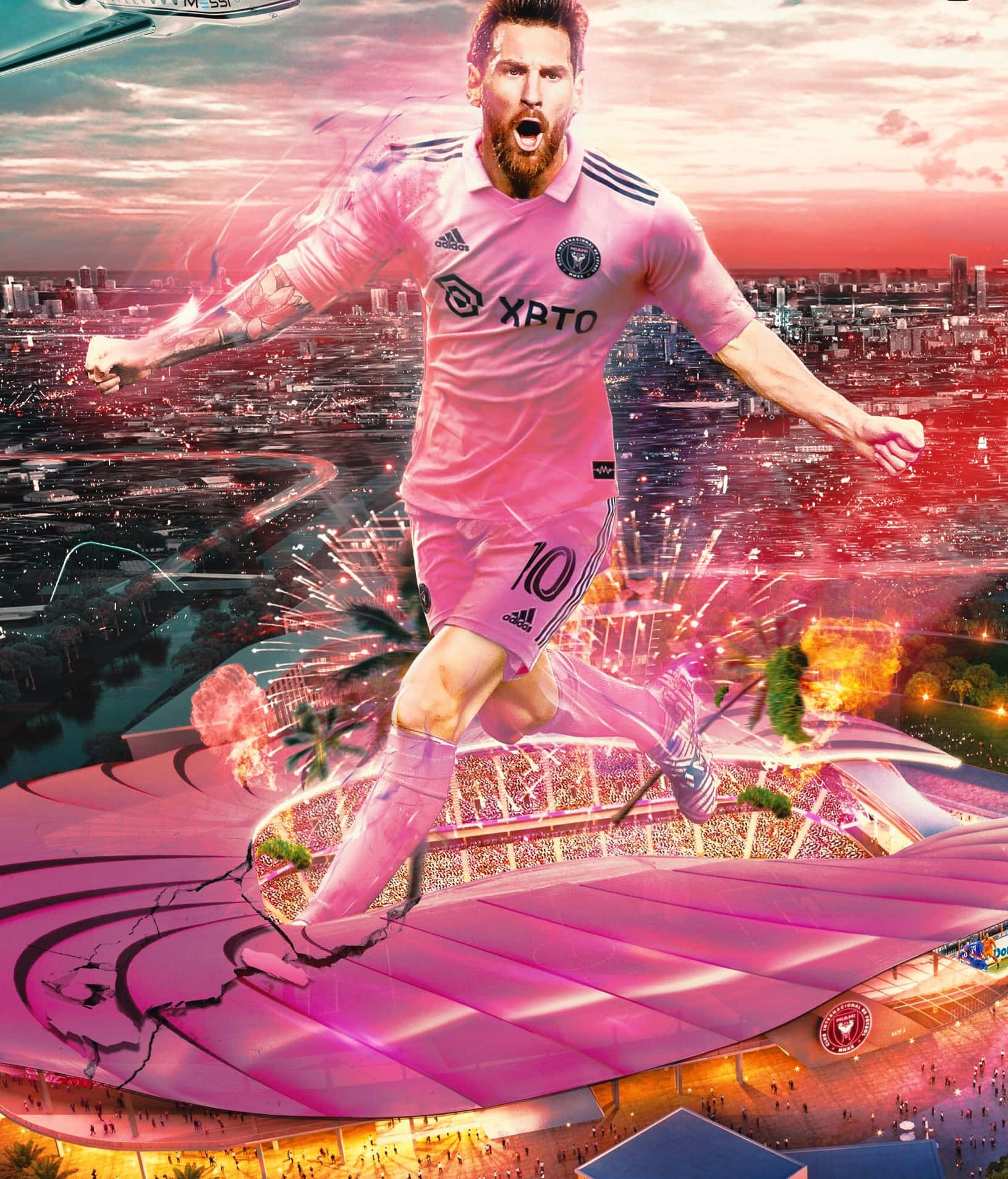 Messi Inter Miami, pink uniform, vibrant sunset, HD Phone Wallpaper