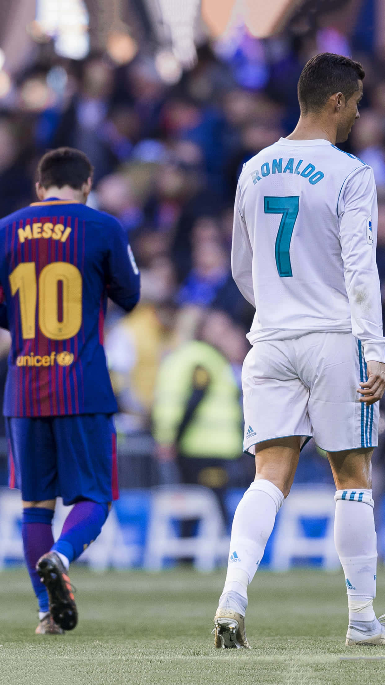 Messi, Ronaldo, stadium field, Full HD Phone Wallpaper