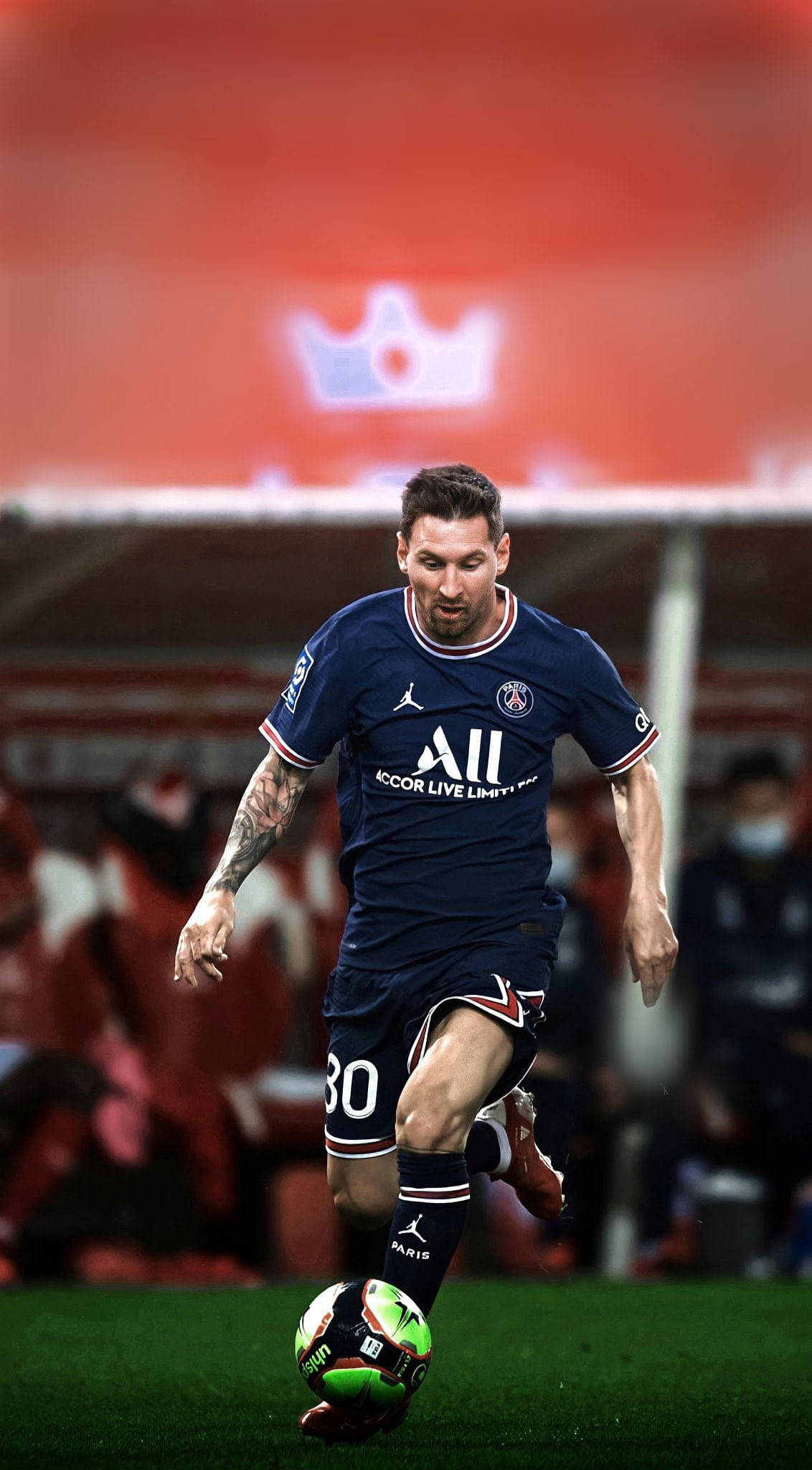 Messi, navy blue jersey, vibrant green and white ball, Full HD Phone Wallpaper