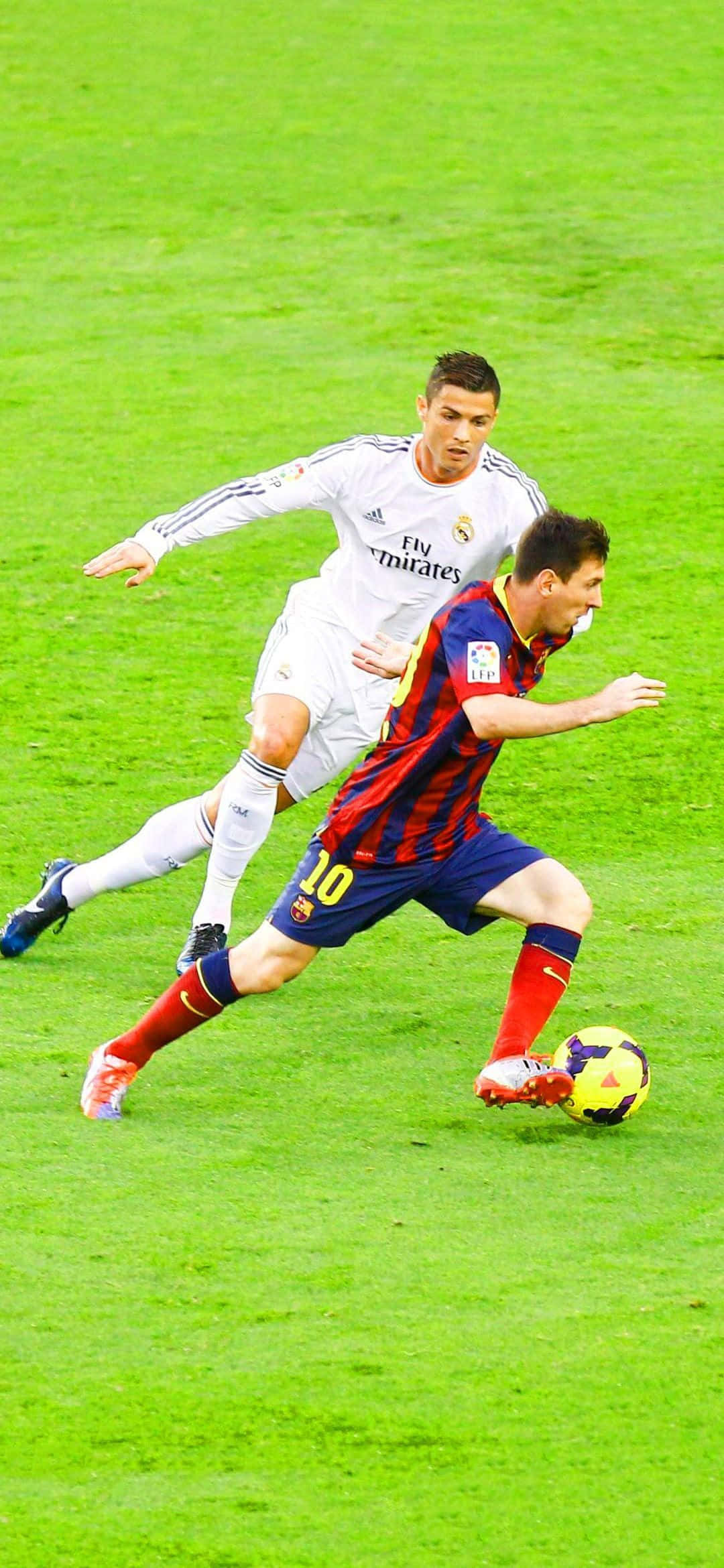 Messi Vs Ronaldo, yellow ball, vibrant green pitch, Full HD Phone Wallpaper