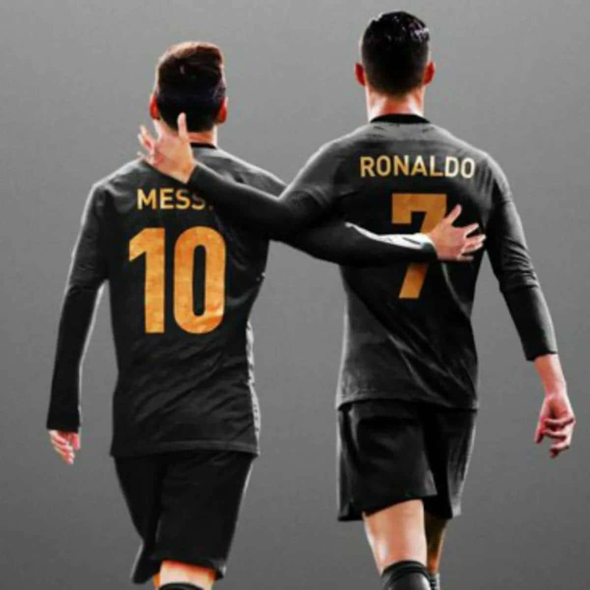 Messi Ronaldo, black jerseys, gold names and numbers, SD Desktop Wallpaper