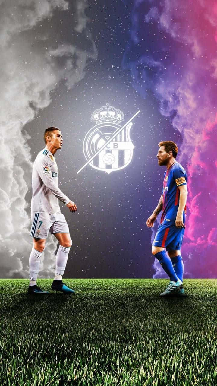 Messi Vs Ronaldo, grass field, cosmic sky, HD Phone Wallpaper
