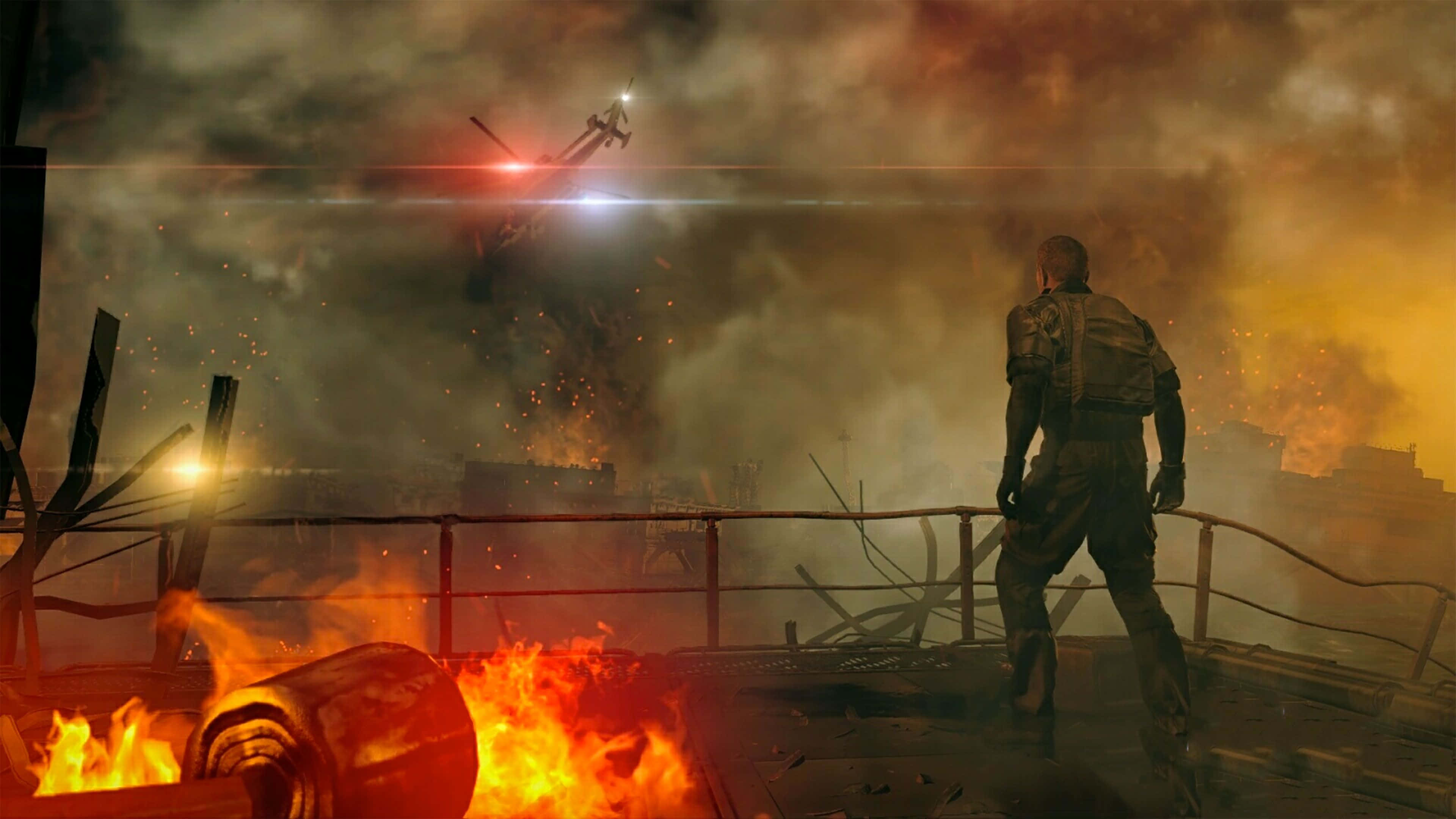 Metal Gear 4K, soldier, burning rooftop, 4K Desktop Wallpaper