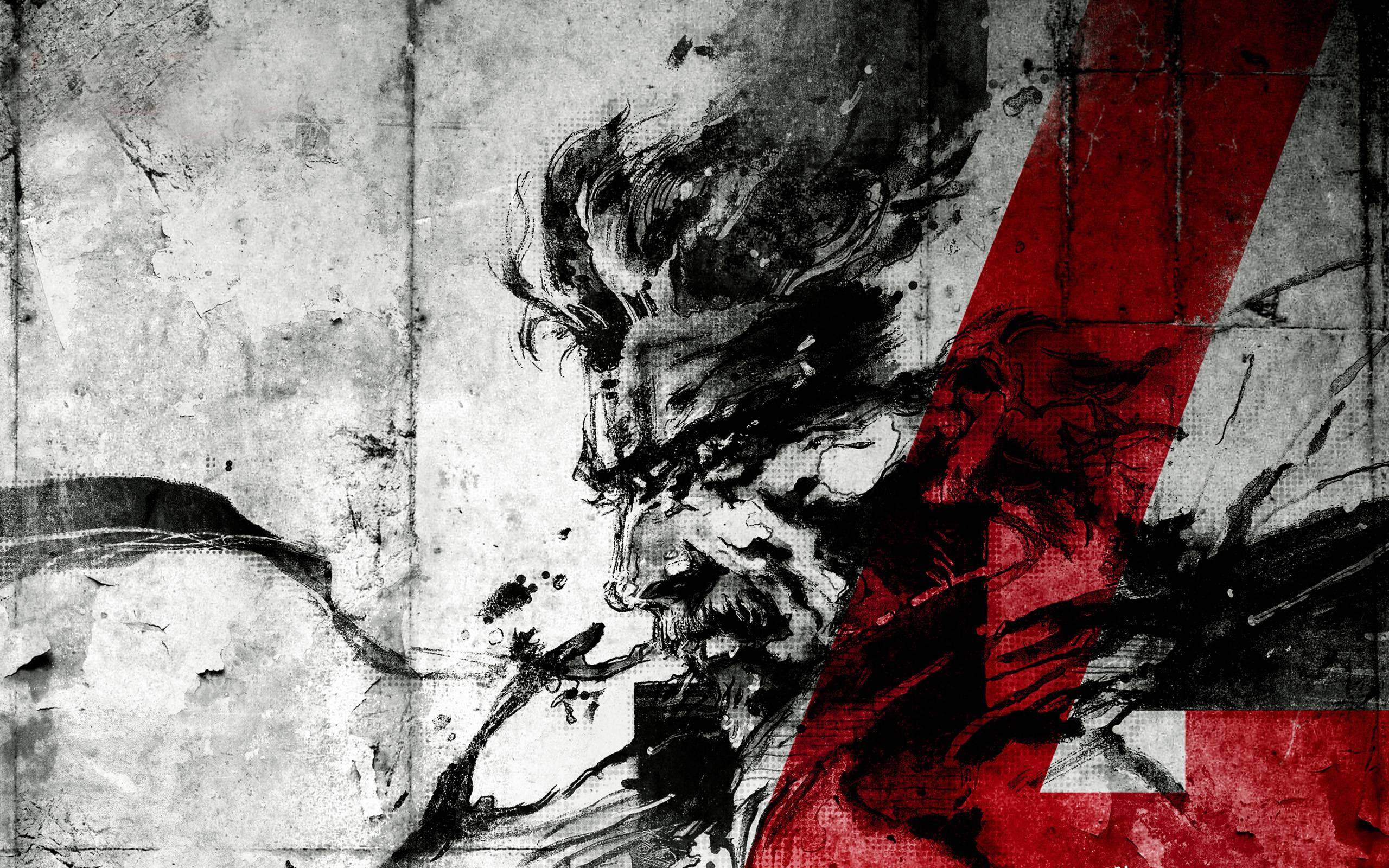 Metal Gear Solid 4, gritty black and white illustration, fierce warrior, 2K Desktop Wallpaper