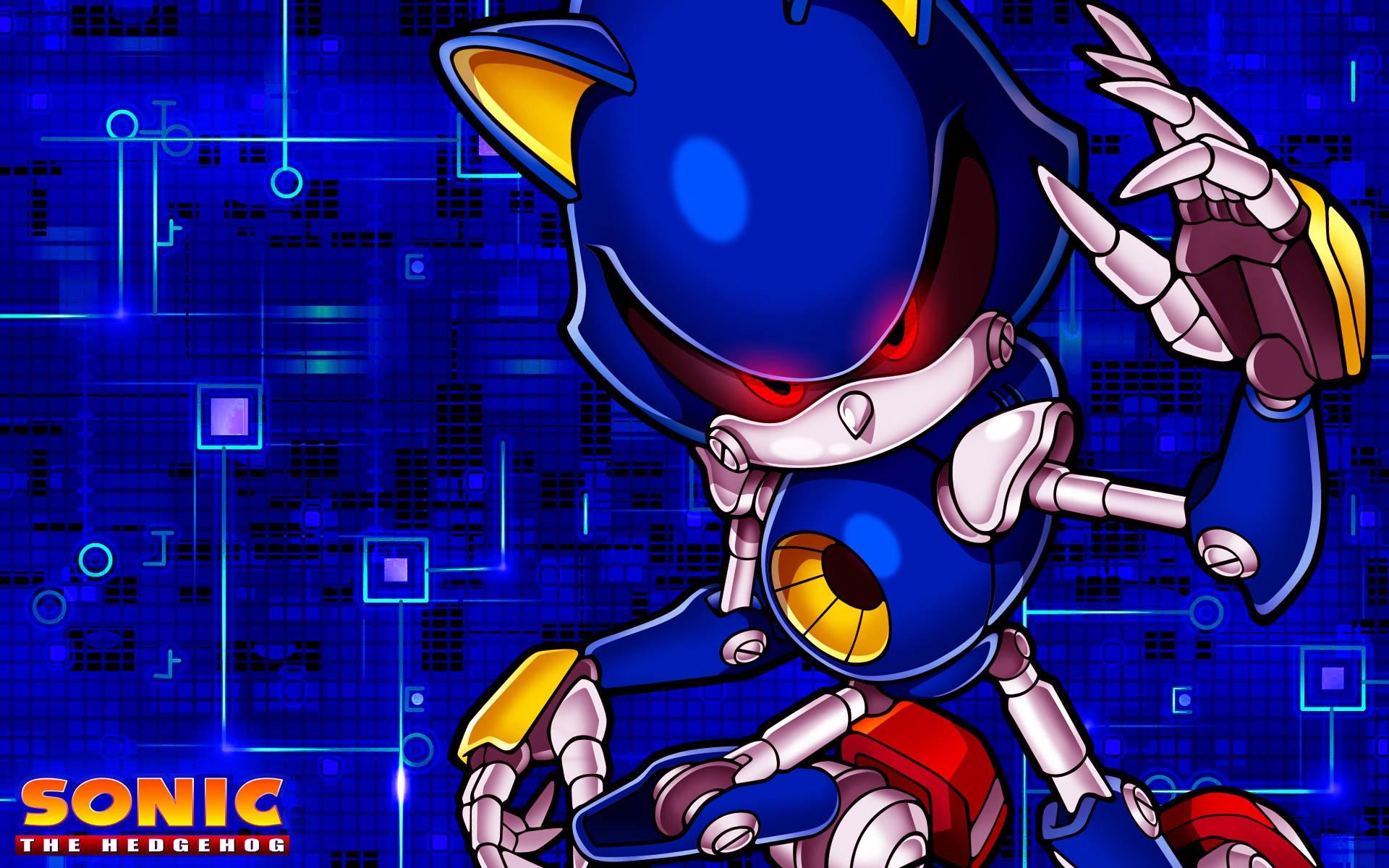 Metal Sonic, blue computer chip, glowing red eyes, Full HD Desktop Wallpaper