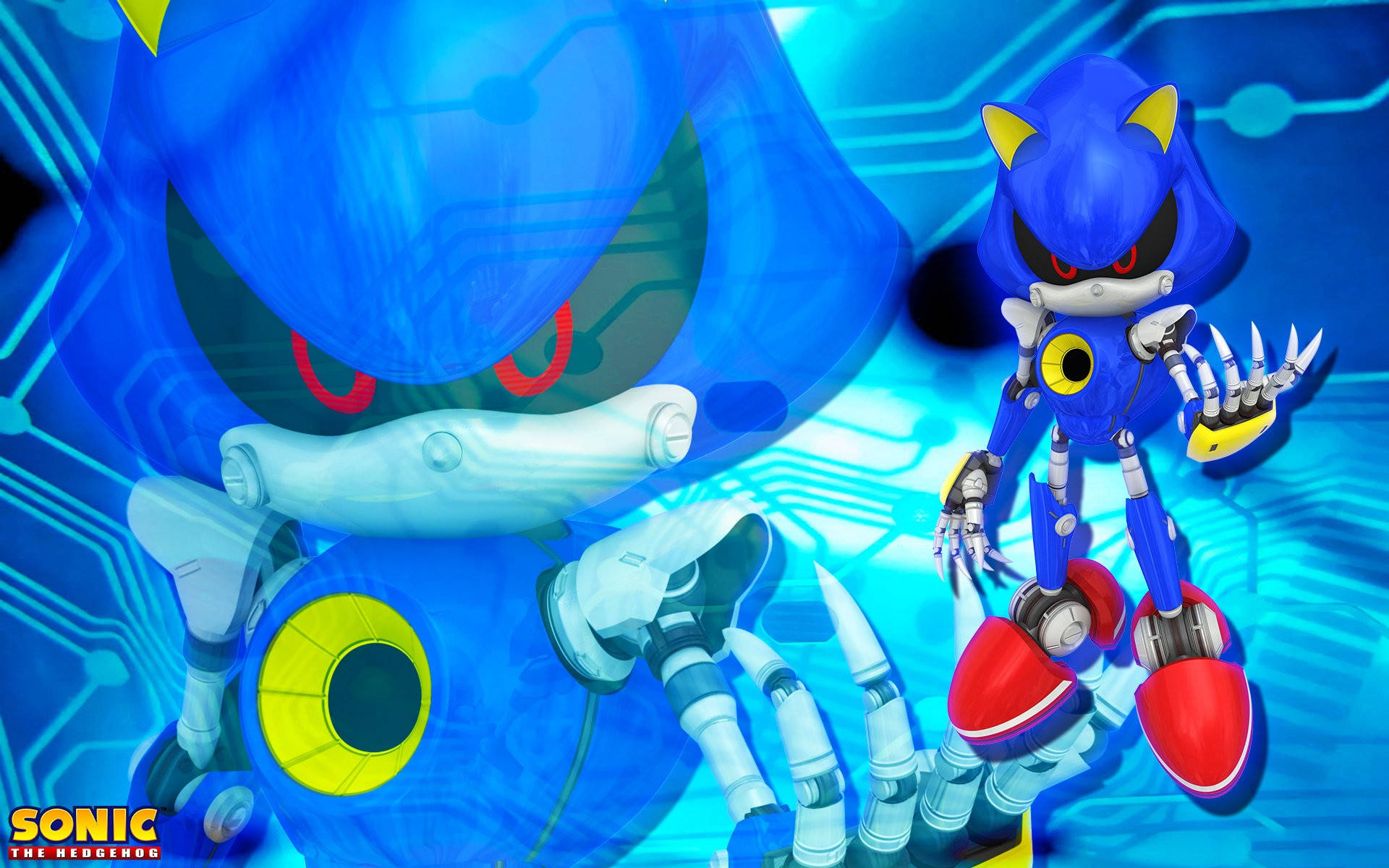 Metal Sonic, red eyes, blue hedgehog, Full HD Desktop Wallpaper