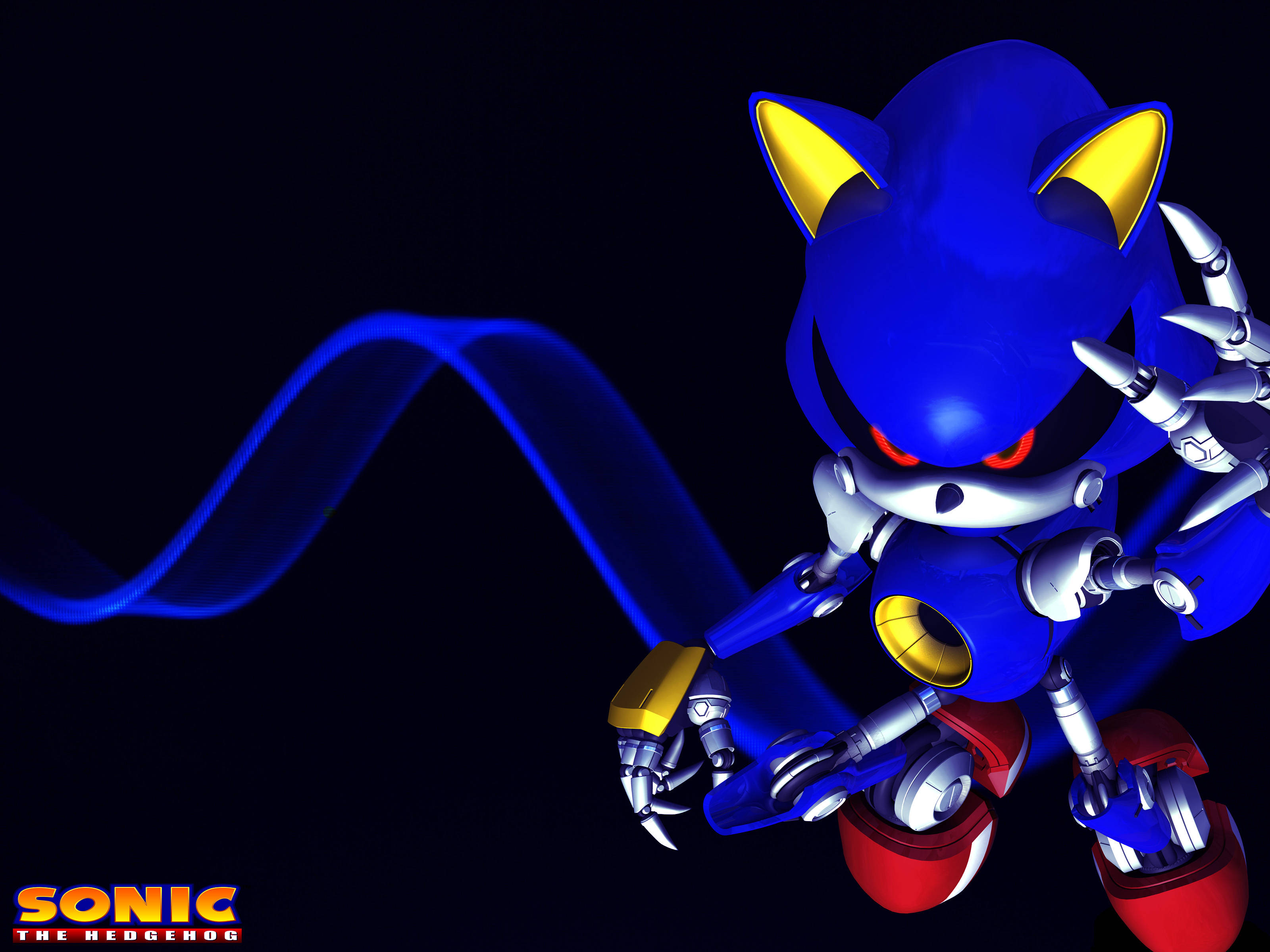 Metal Sonic, blue computer chip, glowing red eyes, 2K Desktop Wallpaper