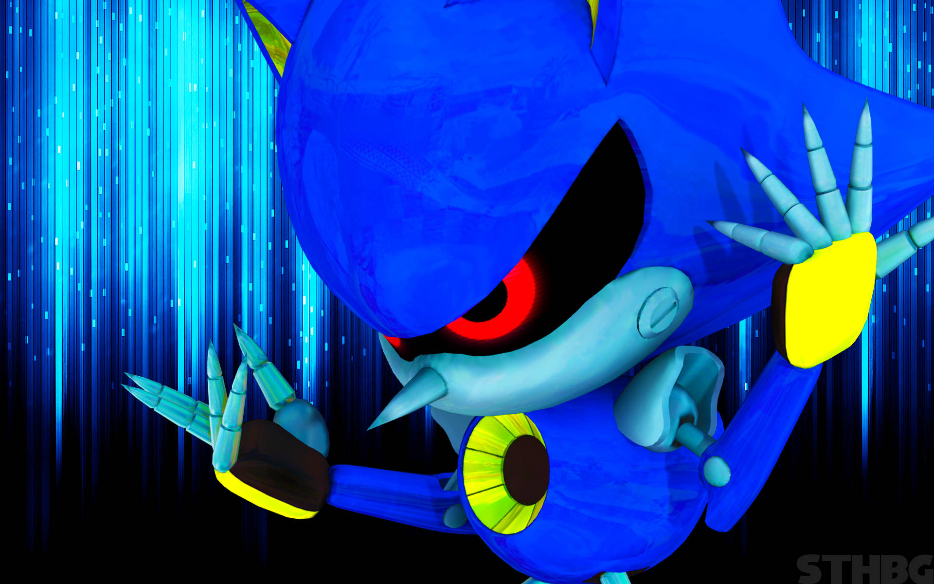 Blue Metal Sonic, blue hedgehog, glowing red eyes, Full HD Desktop Wallpaper