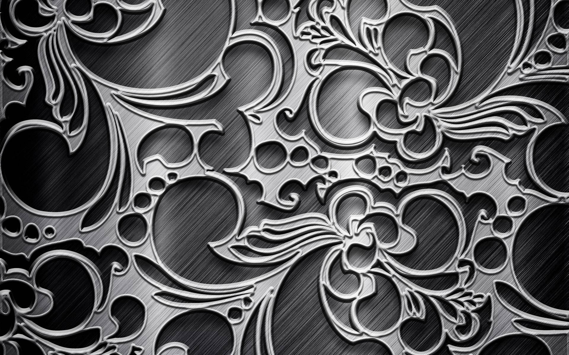 ornate patterned metal texture, brushed silver, black gradients, Full HD Desktop Wallpaper