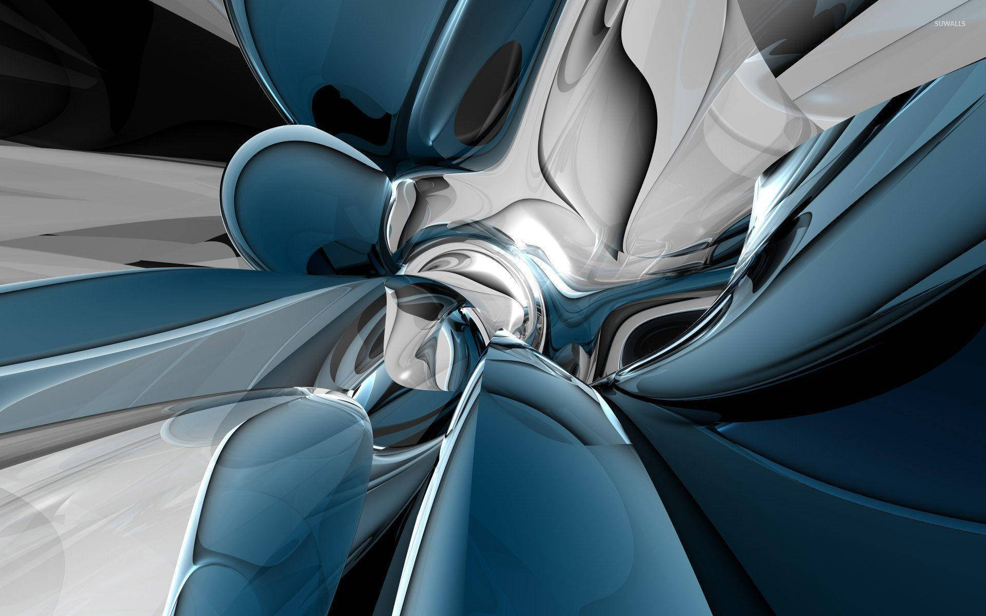 liquid blue, silver metals, glossy reflections, Full HD Desktop Wallpaper