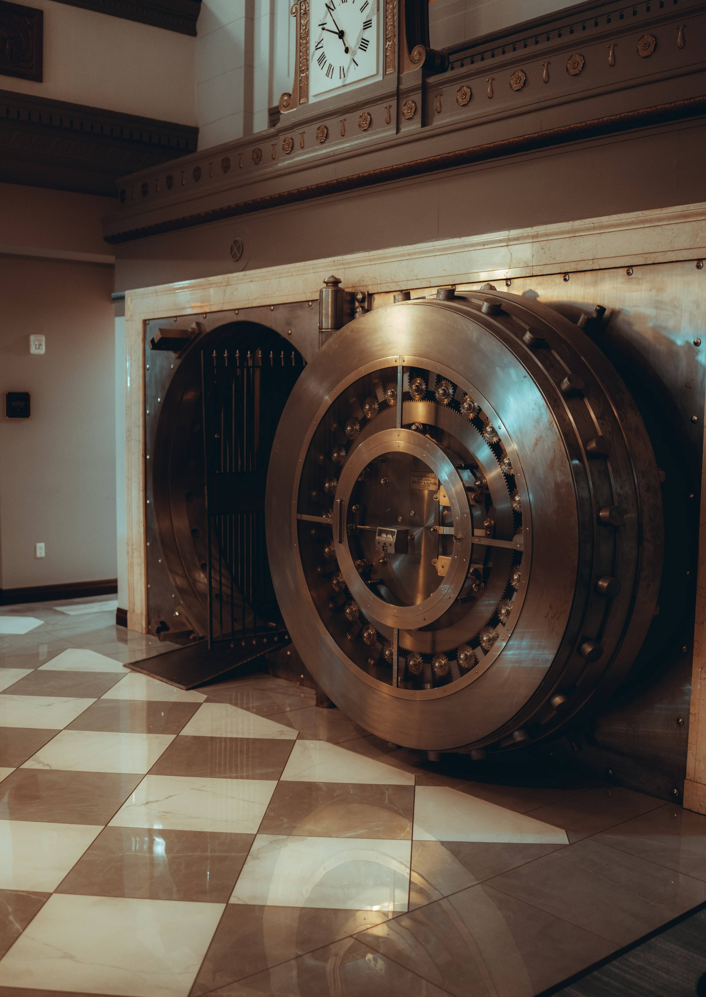 bank vault metal door, ornate steel vault door, checkered marble floors, 2K Phone Wallpaper