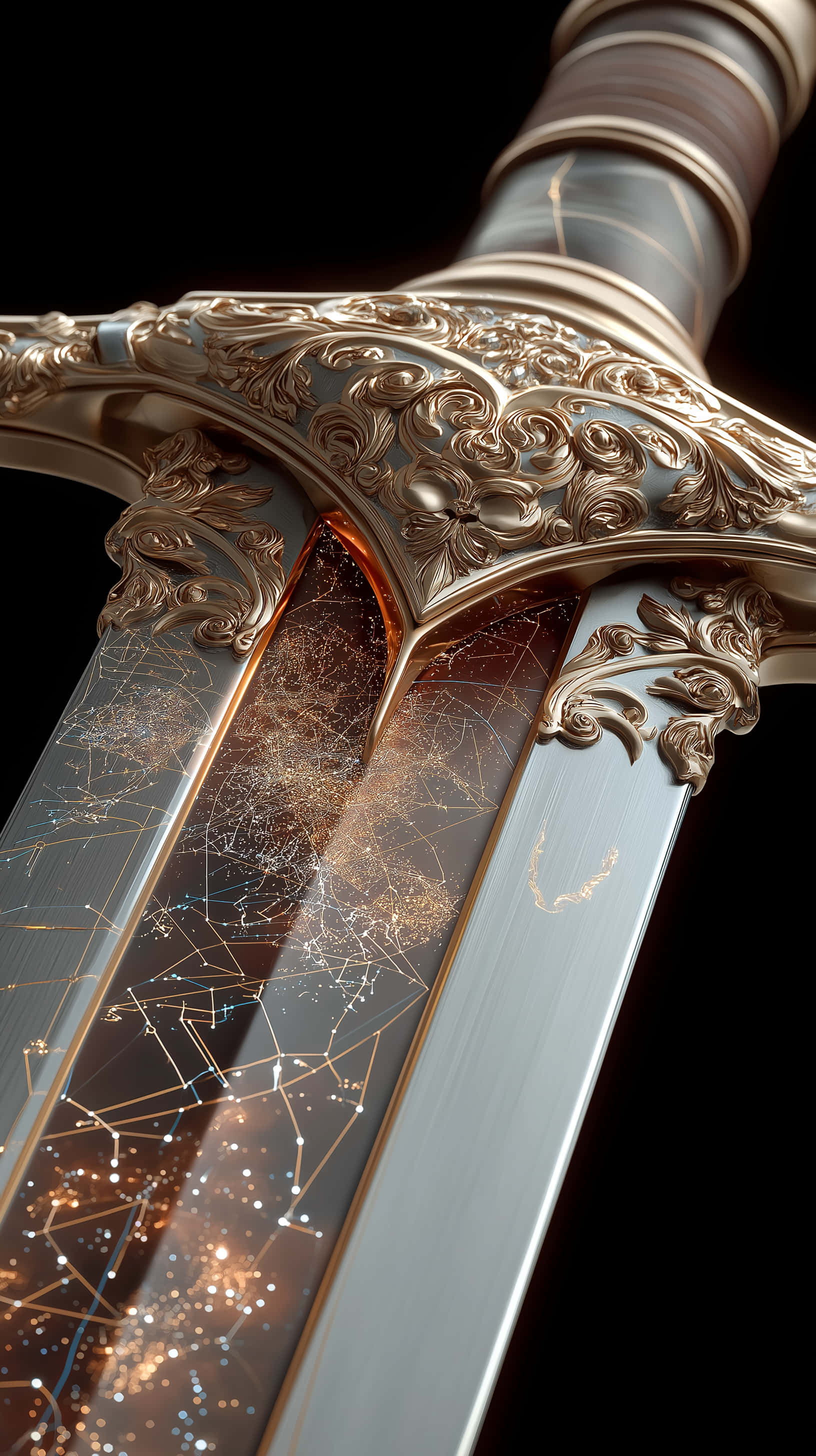 Cosmic Blade, glowing celestial pattern, translucent blade, 2K Phone Wallpaper