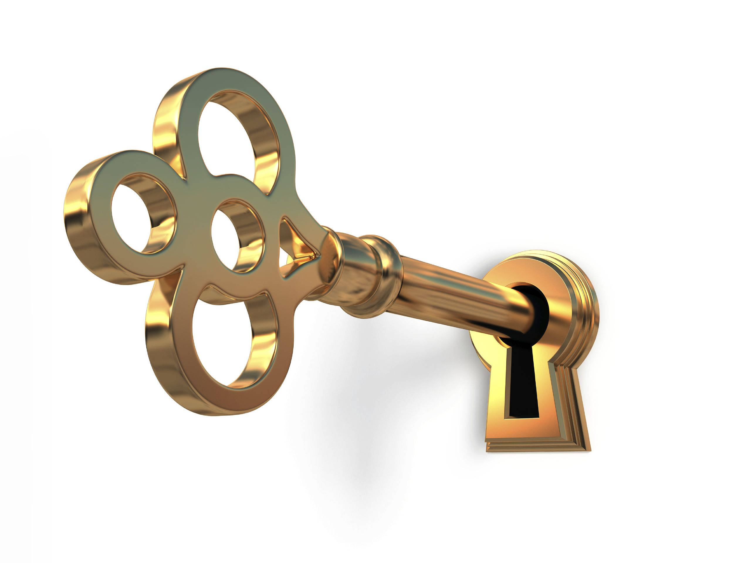 golden key, keyhole, ornate circular loops, 2K Desktop Wallpaper