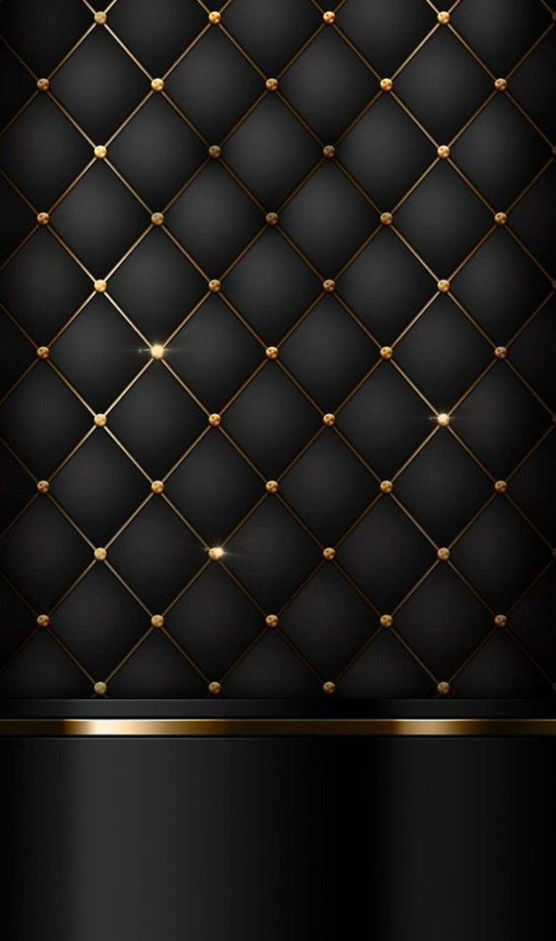 tufted metallic gold and black pattern, black tufted leather wall, gold stitching, HD Phone Wallpaper