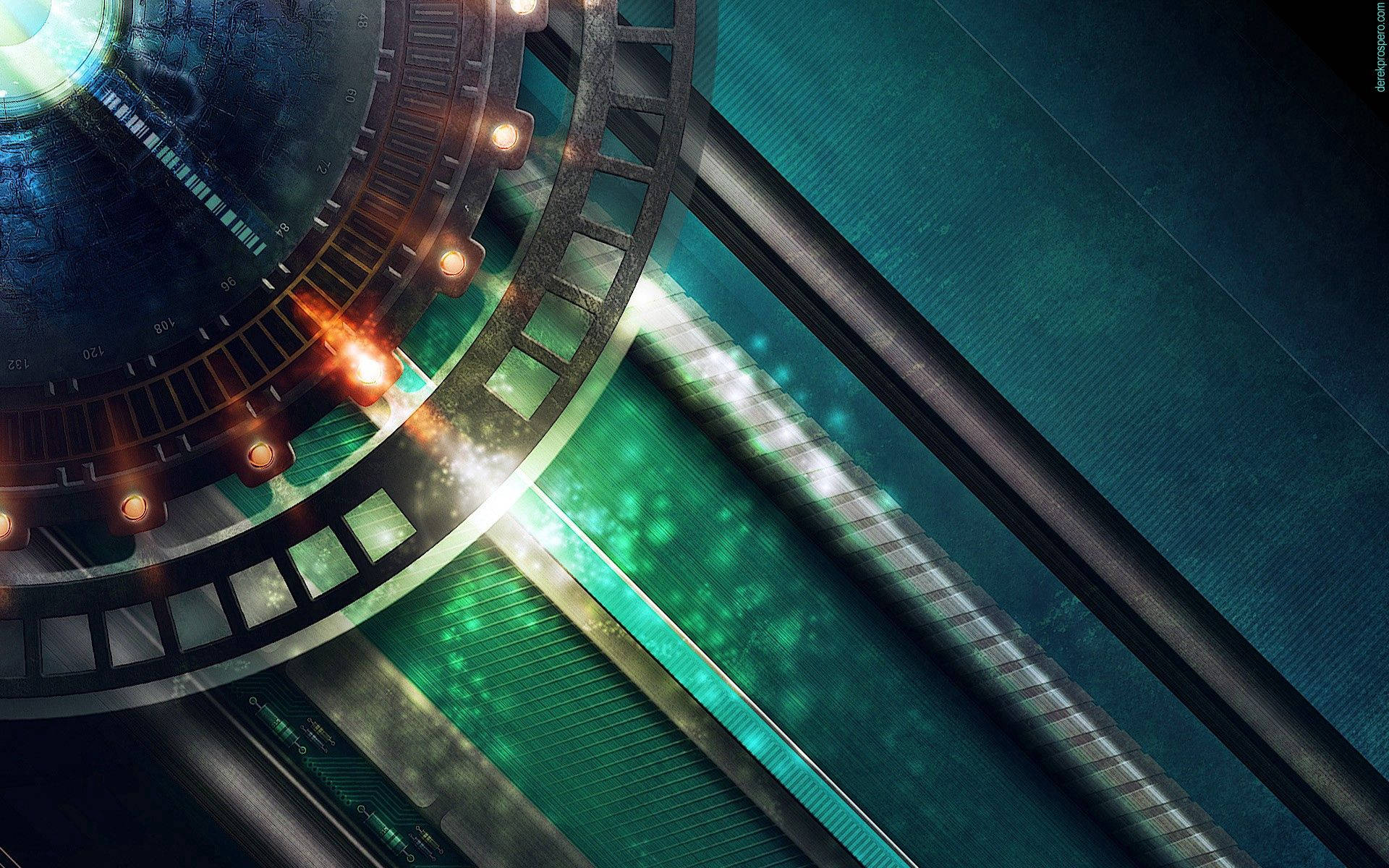 futuristic sci-fi control panel, glowing green circuits, fiery orange lights, Full HD Desktop Wallpaper