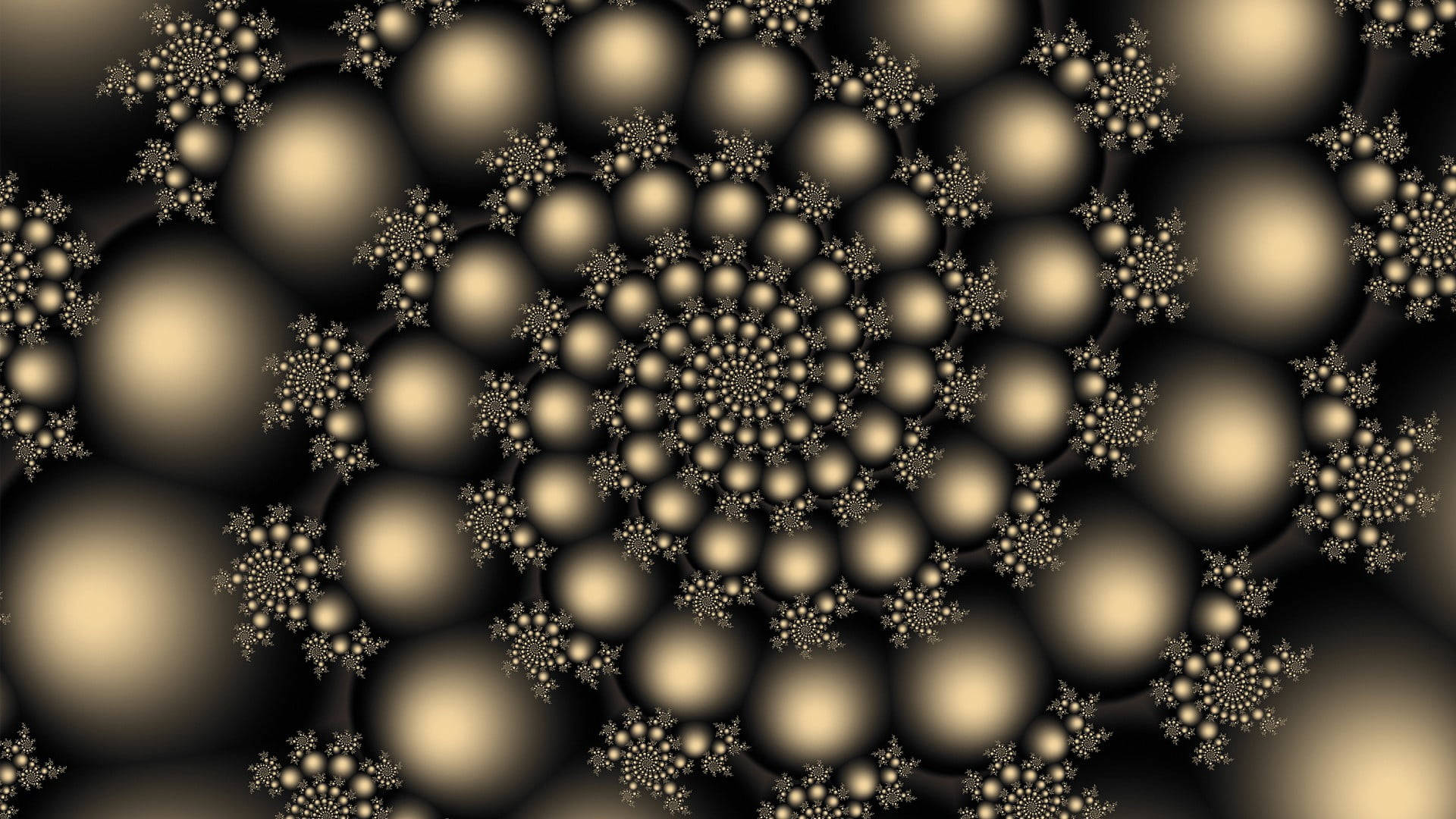 golden fractal spiral, glowing orbs, snowflake-like patterns, Full HD Desktop Wallpaper