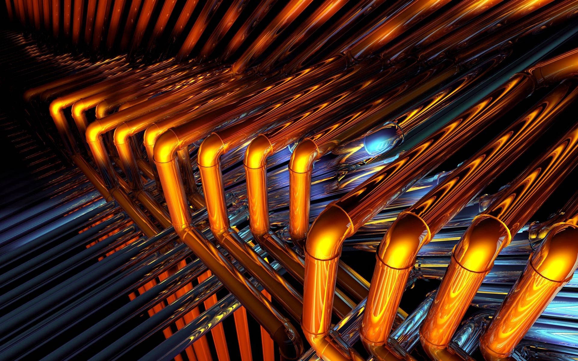 gold metallic elbow pipes, glowing golden, blue metallic, Full HD Desktop Wallpaper