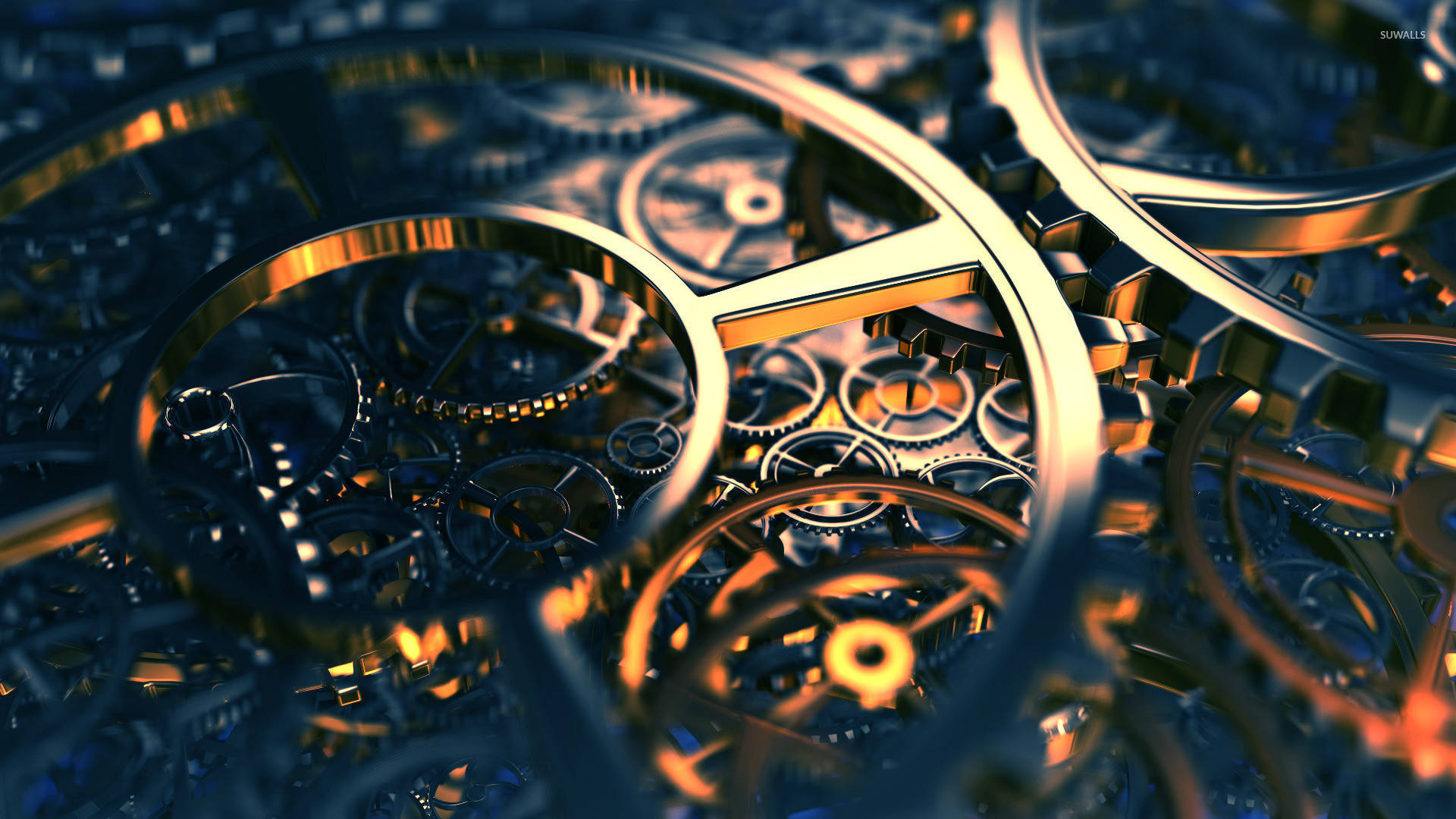 HD Engineering Machine Clock Wheels, golden, dark metallic, Full HD Desktop Wallpaper