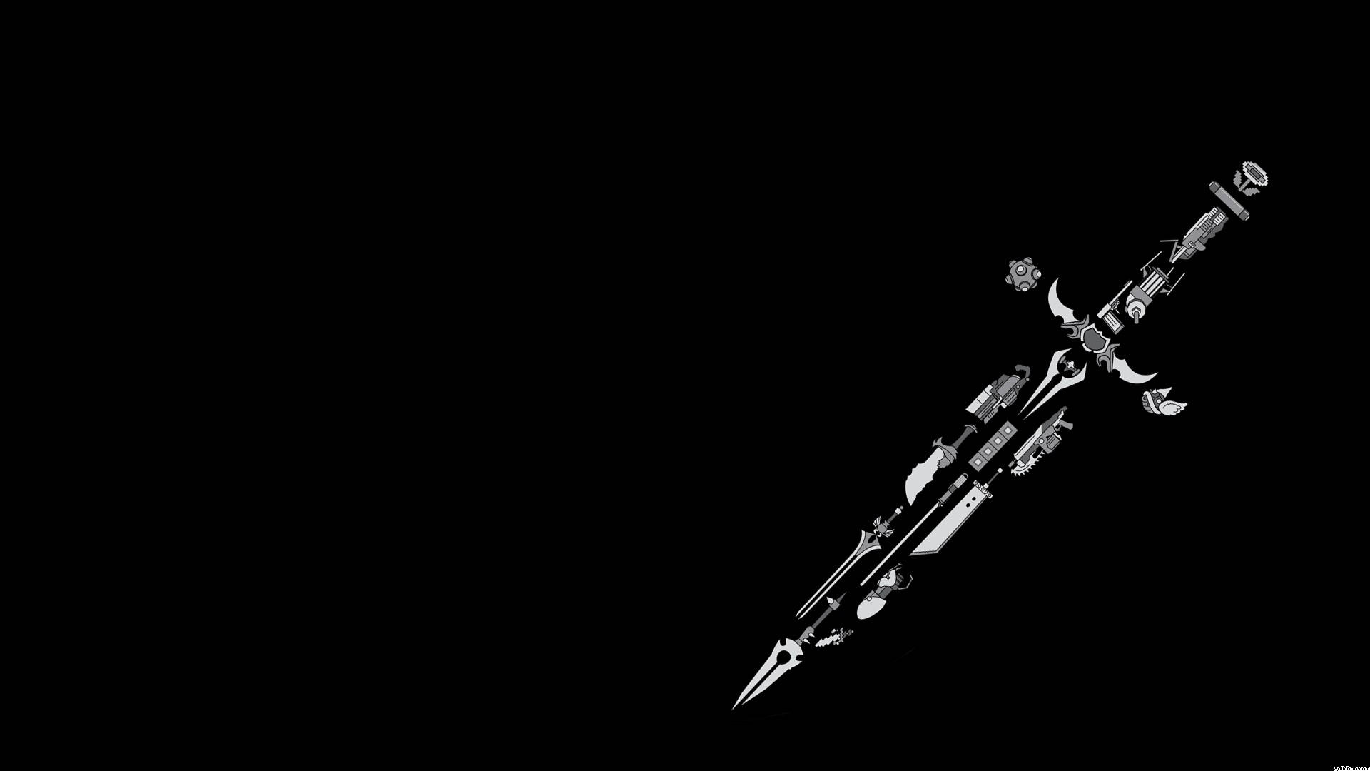 silver sword, mechanical and ornate details, pure black background, Full HD Desktop Wallpaper