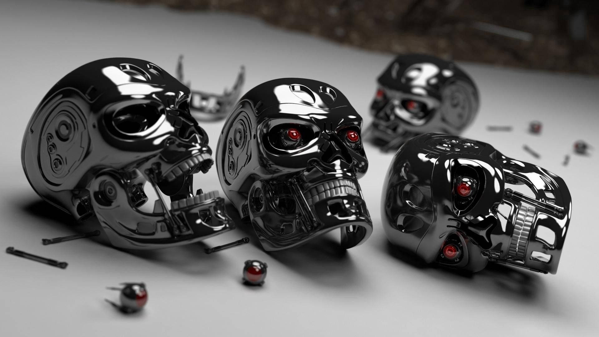 tiny skulls, shiny black, robotic skulls, Full HD Desktop Wallpaper