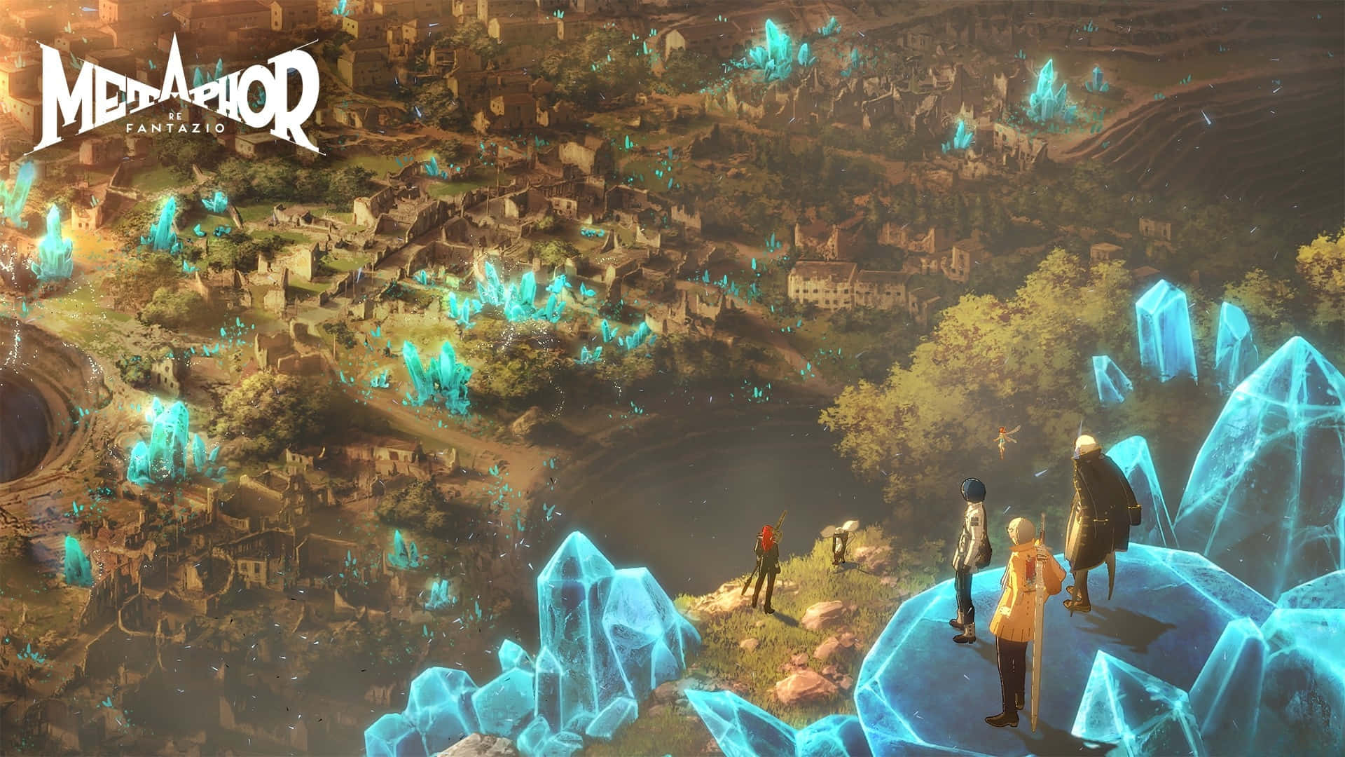 Metaphor Refantazio, glowing blue crystal formations, sprawling town, Full HD Desktop Wallpaper