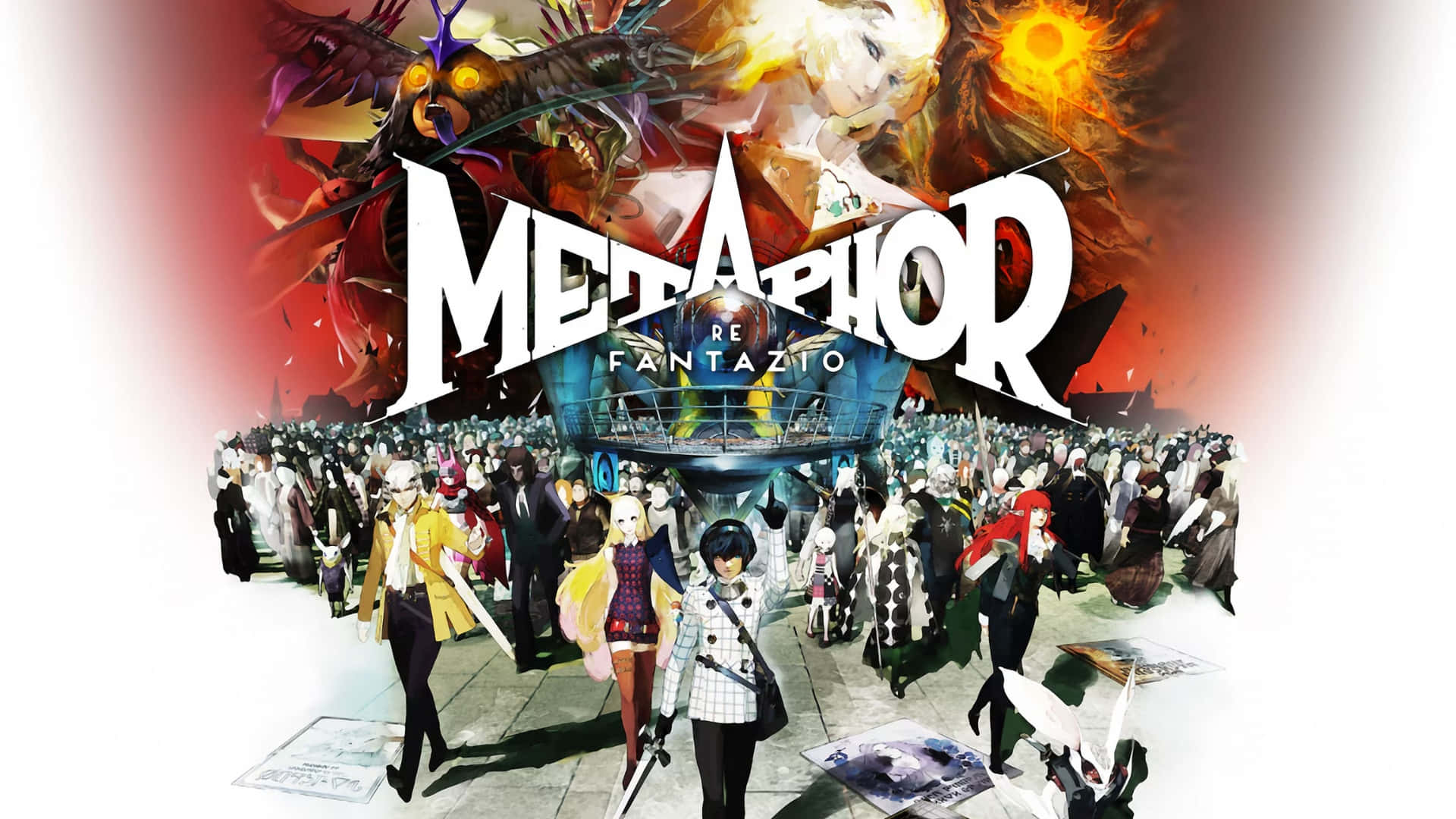 Metaphor ReFantazio, anime-style promotional poster, diverse crowd of characters, Full HD Desktop Wallpaper