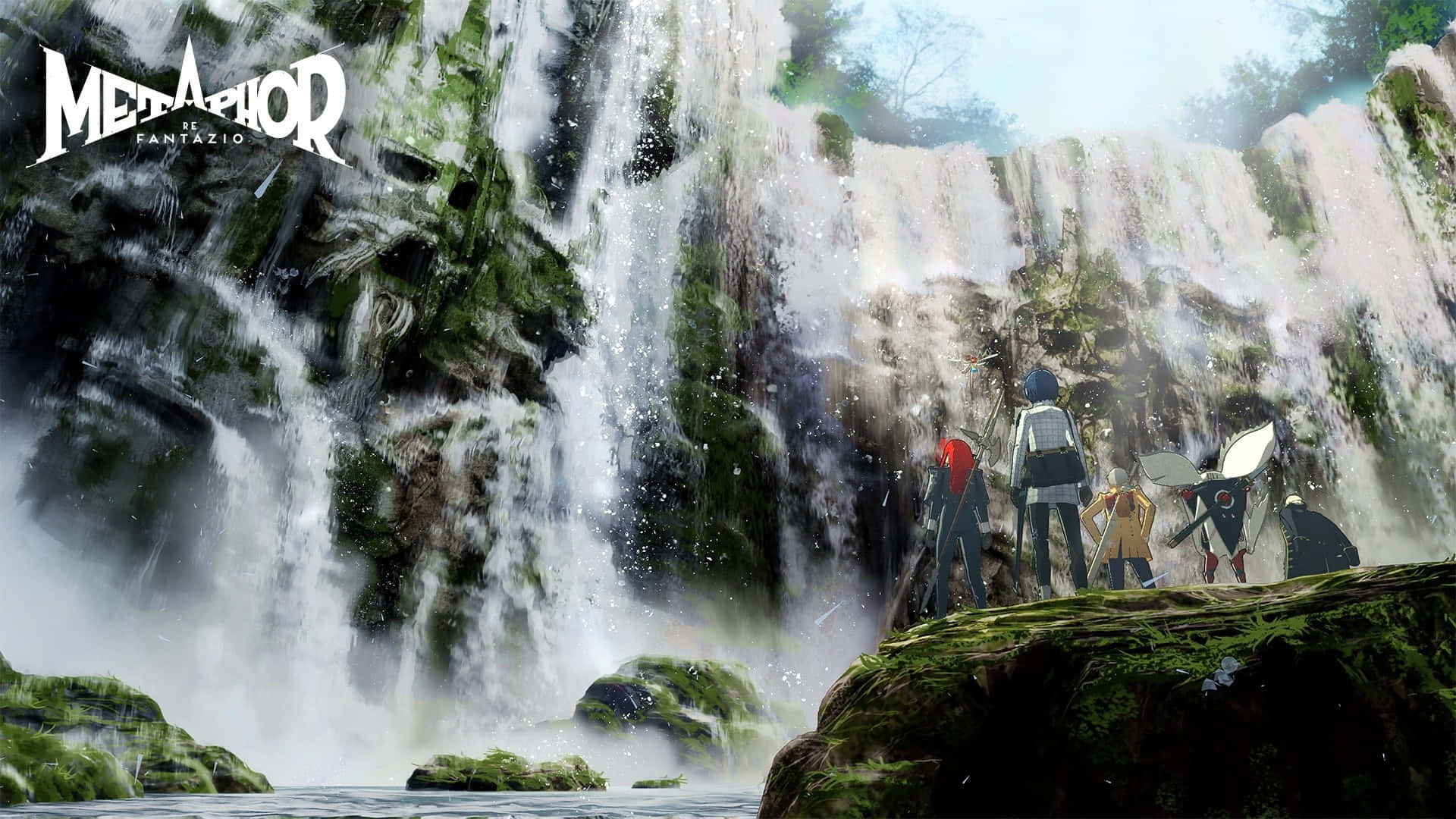 Metaphor Refantazio, waterfall, mossy cliff edge, Full HD Desktop Wallpaper