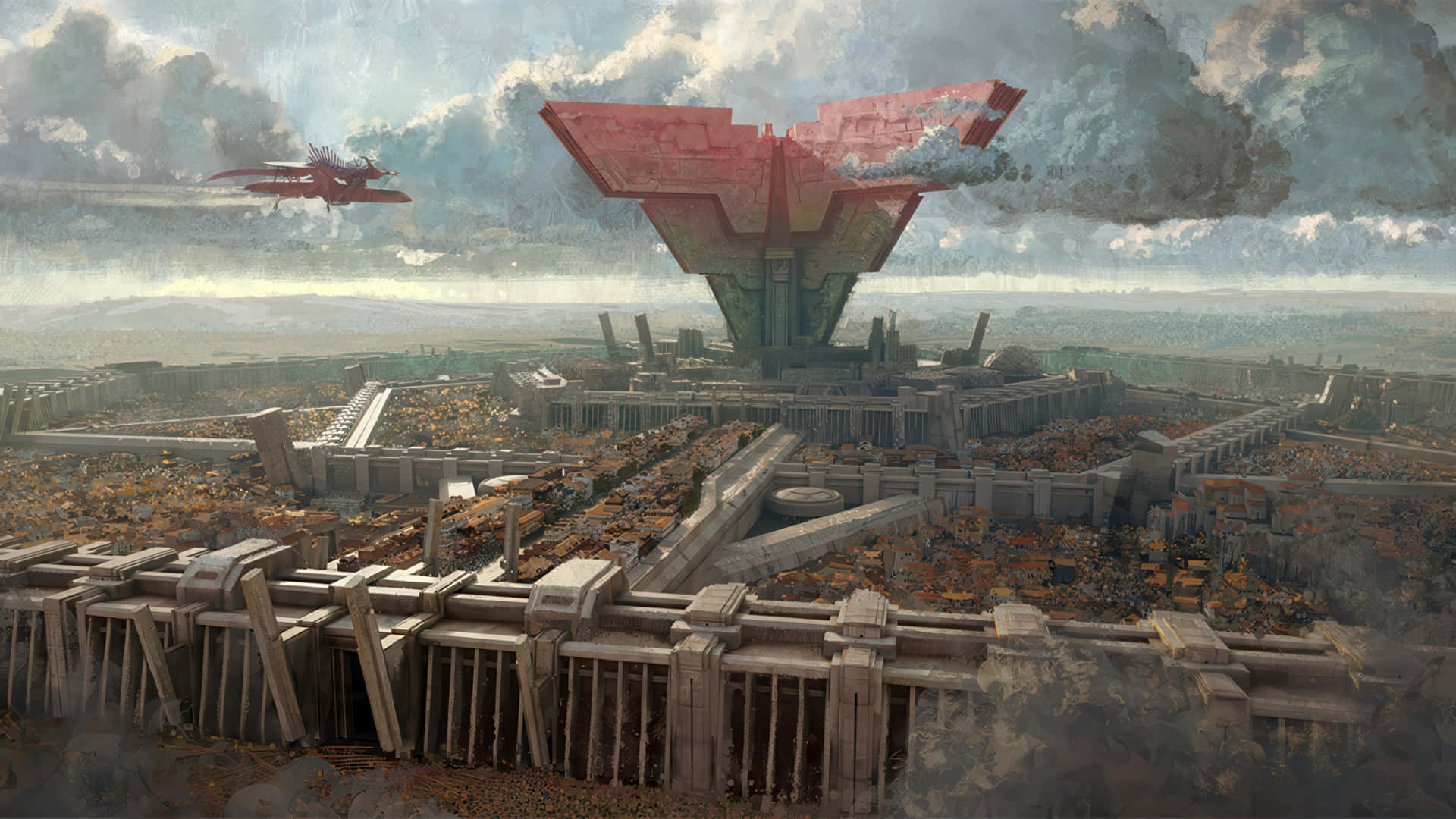 Metaphor Refantazio, red angular monument, sprawling ruined cityscape, Full HD Desktop Wallpaper
