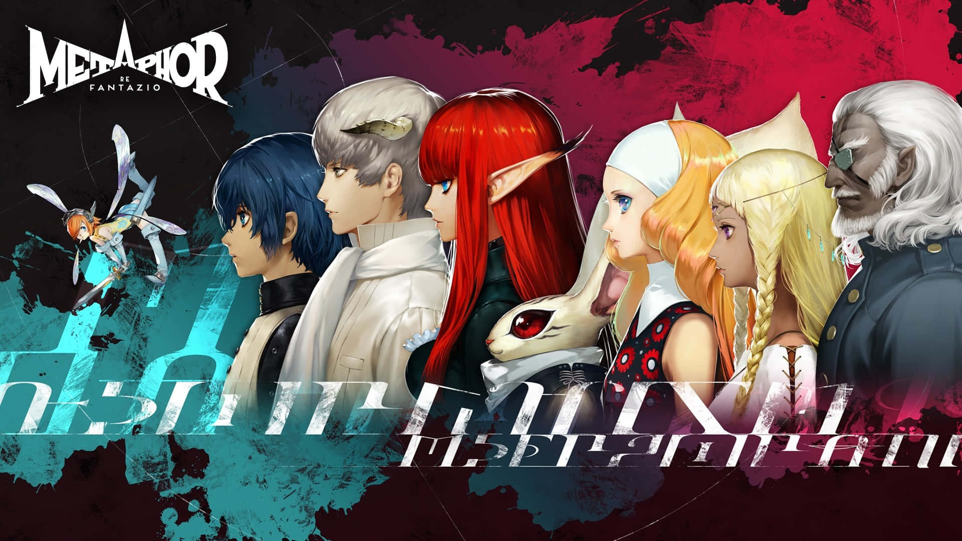 Metaphor Refantazio, anime characters, teal and crimson background, Full HD Desktop Wallpaper