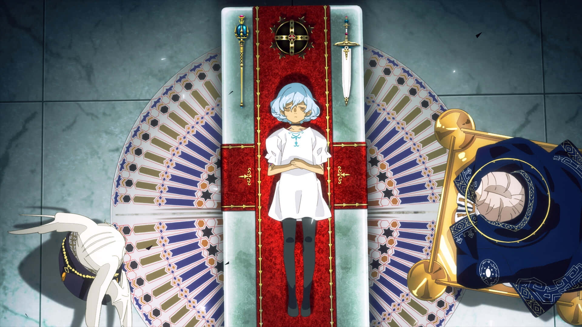 Metaphor Refantazio, blue hair, red velvet altar, Full HD Desktop Wallpaper