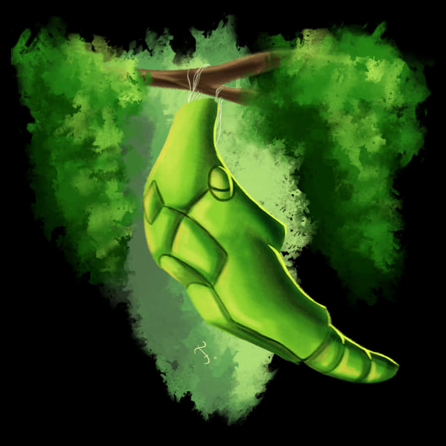 Metapod, glowing green chrysalis, branch, SD Desktop Wallpaper