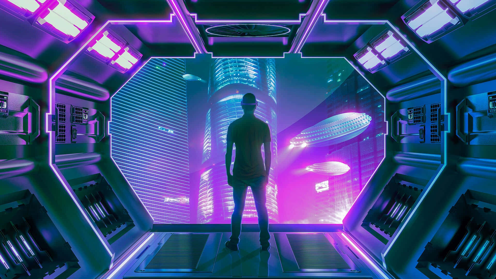 Metaverse, glowing purple and blue futuristic corridor, neon-lit cityscape, Full HD Desktop Wallpaper