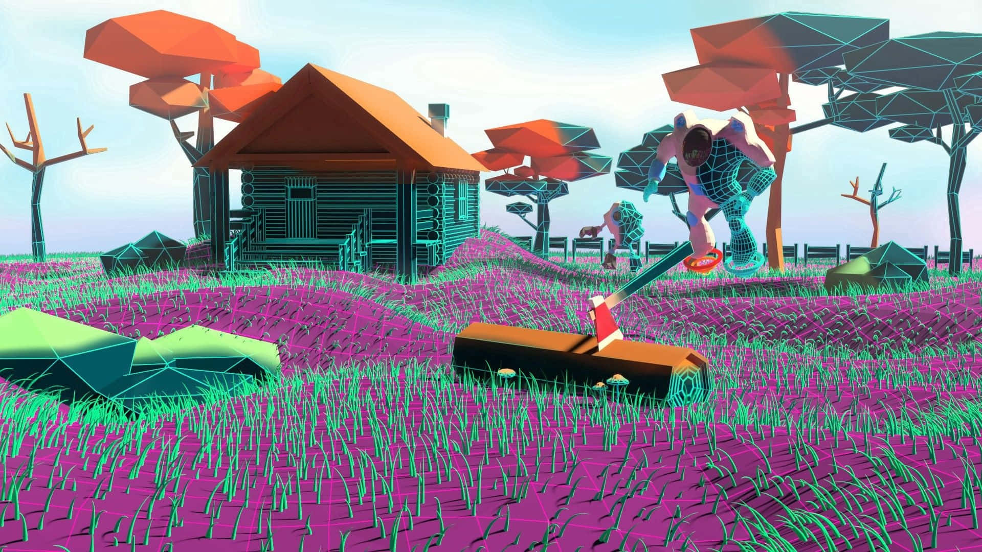 low poly stylized scene, log cabin, vibrant purple grass, Full HD Desktop Wallpaper