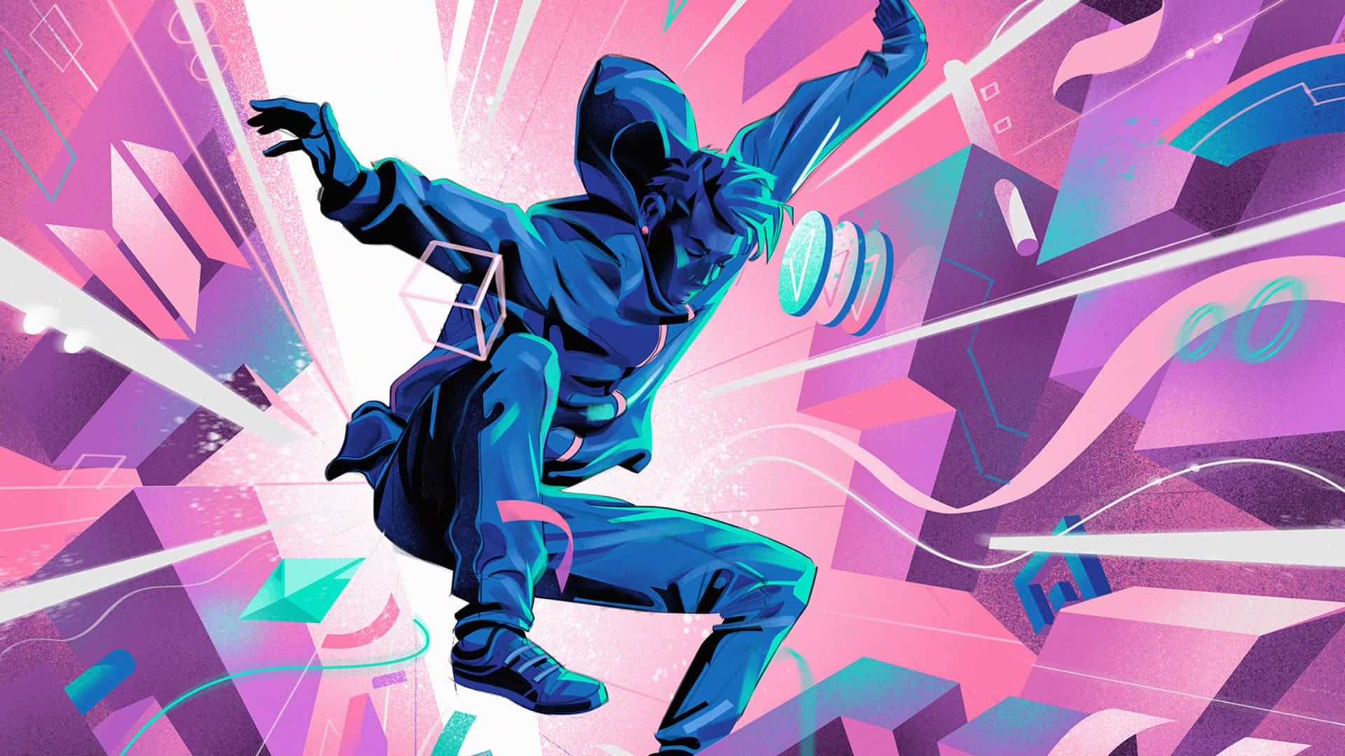 Metaverse, blue hooded figure, neon cyberpunk cityscape, Full HD Desktop Wallpaper